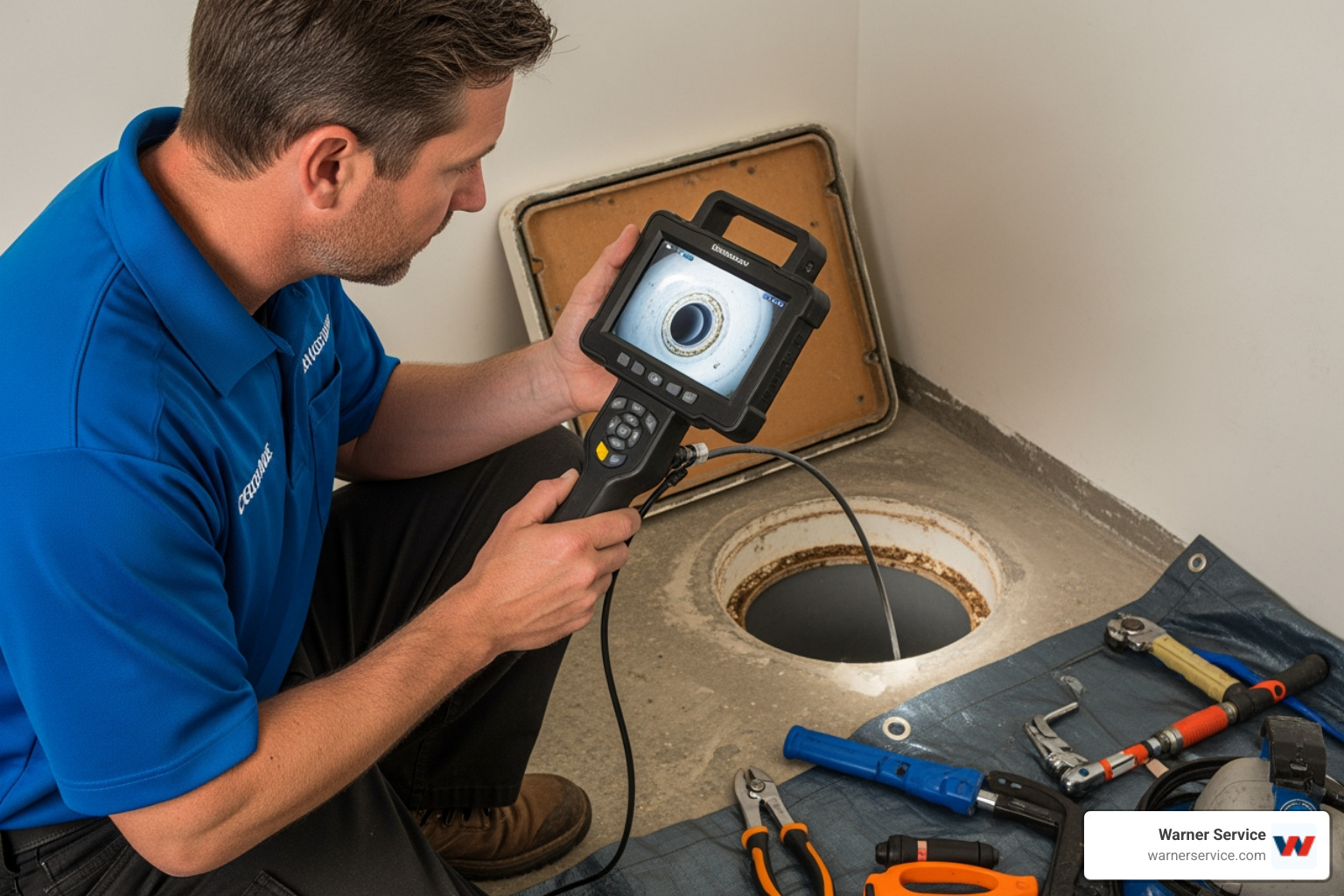 plumber using a video camera inspection tool inside a drain pipe - "My pipes are making noise after a drain cleaning. Who can I call to inspect it in Urbana, MD?"