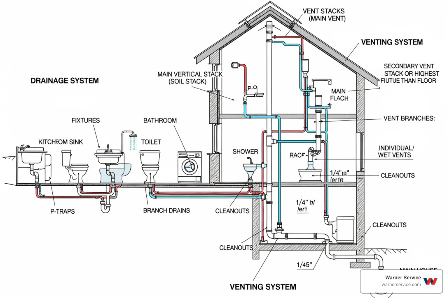 Cross-section of a home's plumbing system showing various drain lines, P-traps, and vent stacks - drain cleaning making noise in frederick md