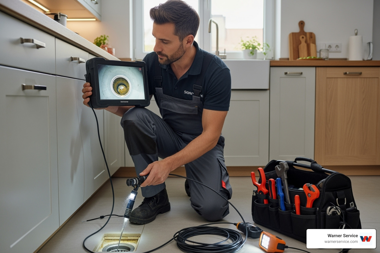 A professional plumber inspects a drain with a camera to diagnose an issue - drain cleaning making noise in frederick md