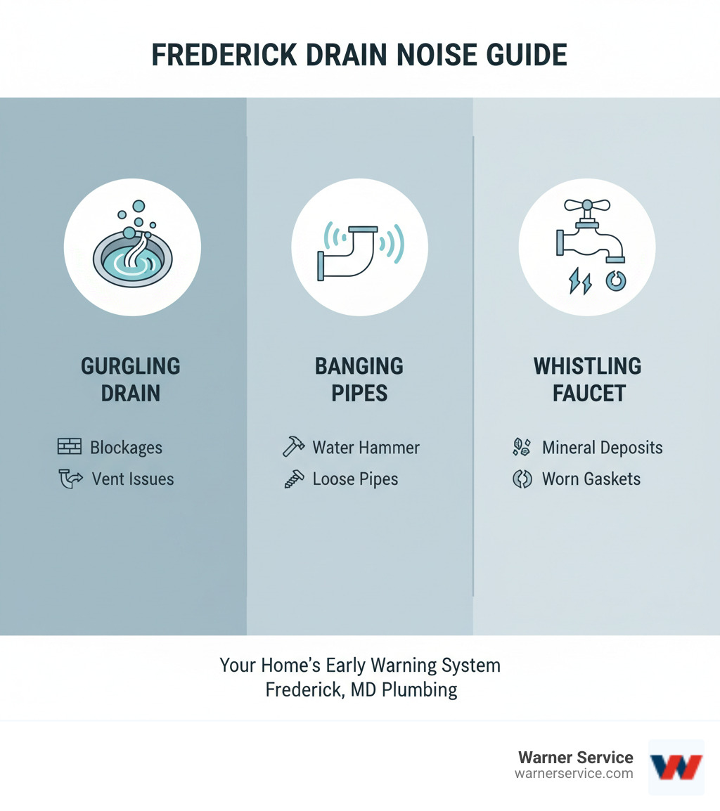 Infographic showing three drain noise types with icons: gurgling drain with air bubbles and causes listed as blockages and vent issues; banging pipes with pressure waves showing water hammer and loose pipes; whistling faucet with mineral deposits and worn gaskets - drain cleaning making noise in frederick md infographic 