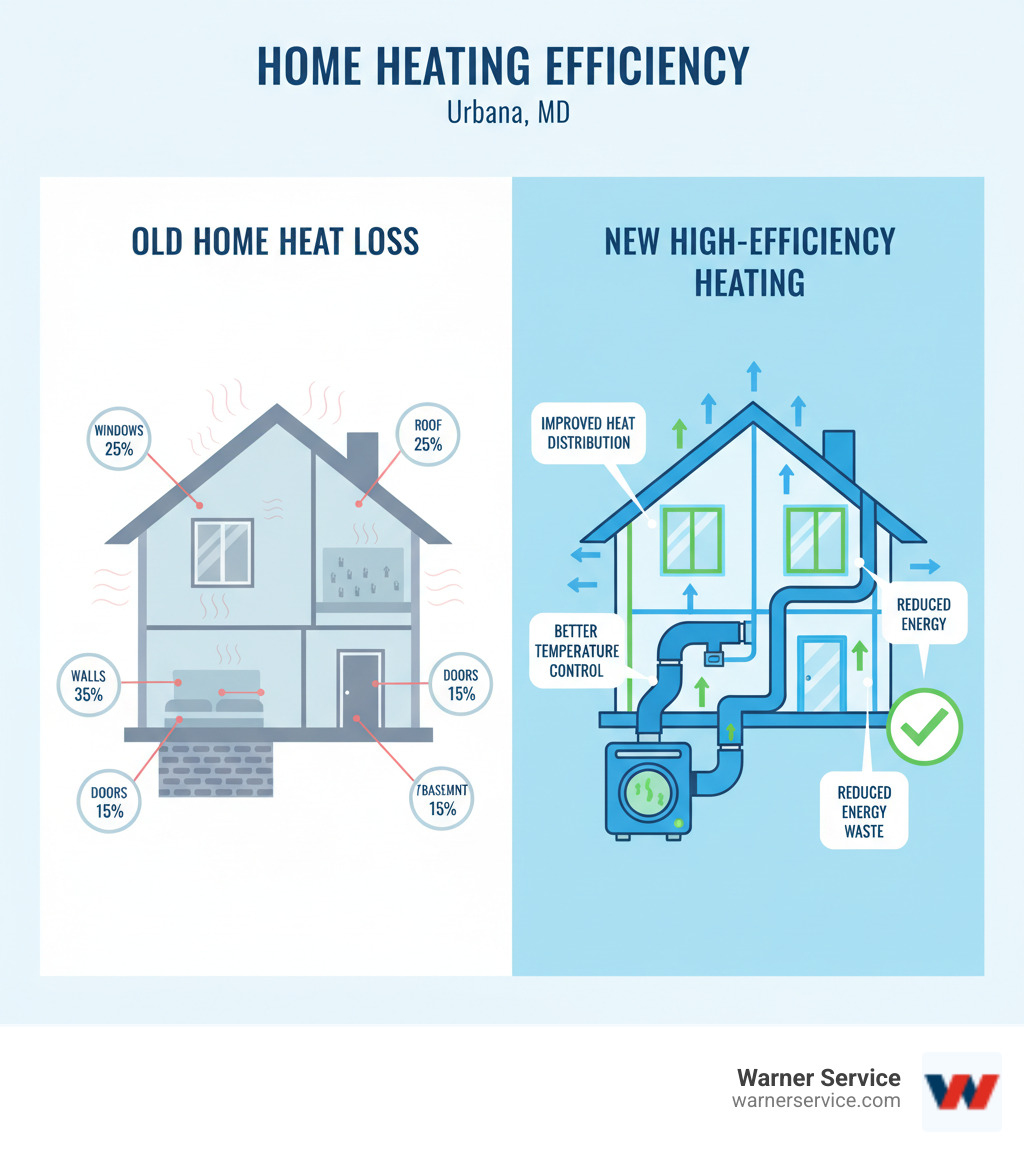 Infographic showing common sources of heat loss in a typical home including windows (25%), walls (35%), roof (25%), doors (15%), and floors/basement (15%), alongside how a new high-efficiency heating system with proper insulation and sealed ductwork reduces these losses through improved heat distribution, better temperature control, and reduced energy waste - residential heating installation in urbana md infographic 