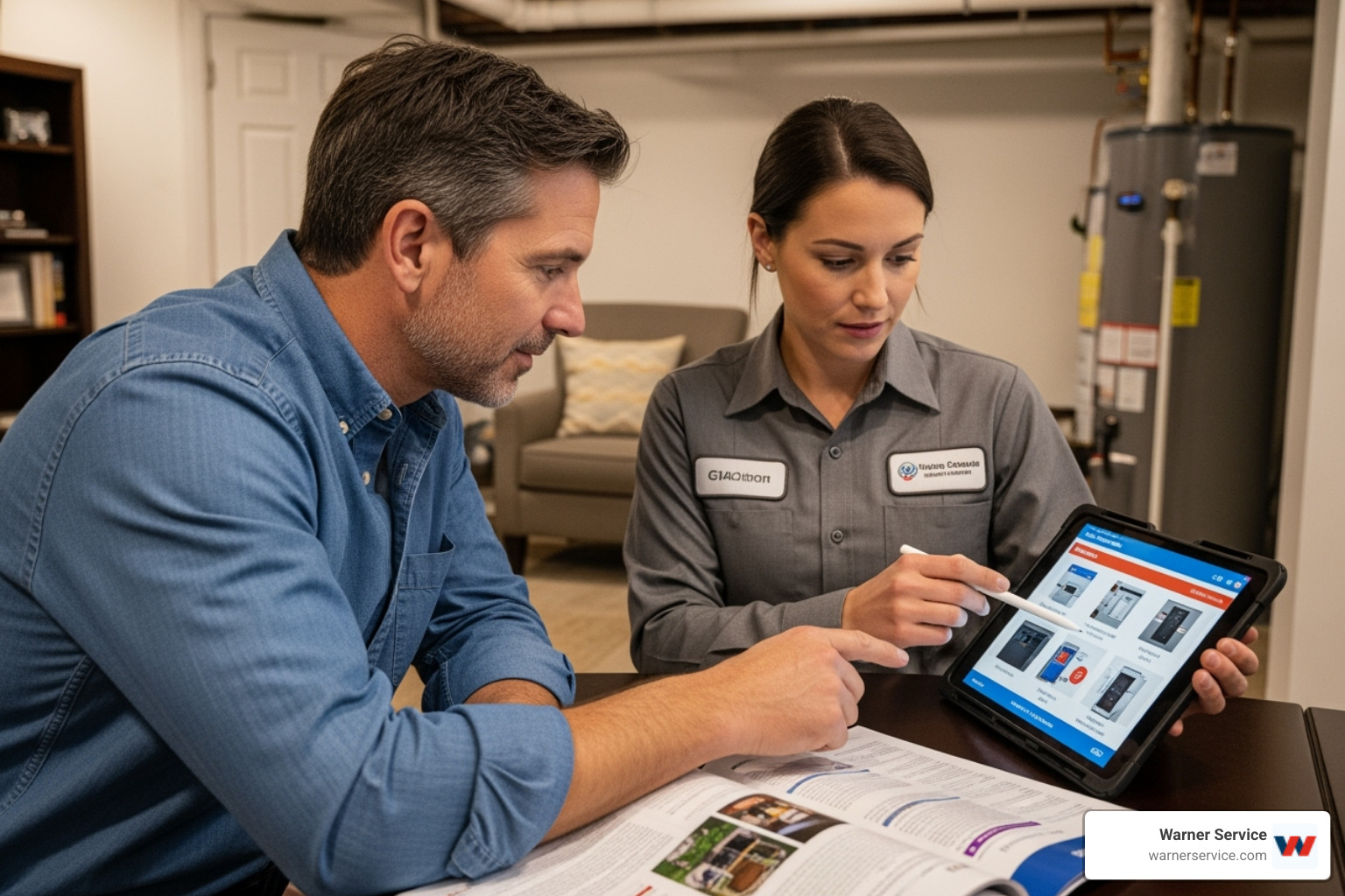 homeowner technician reviewing options - residential heating installation in urbana md