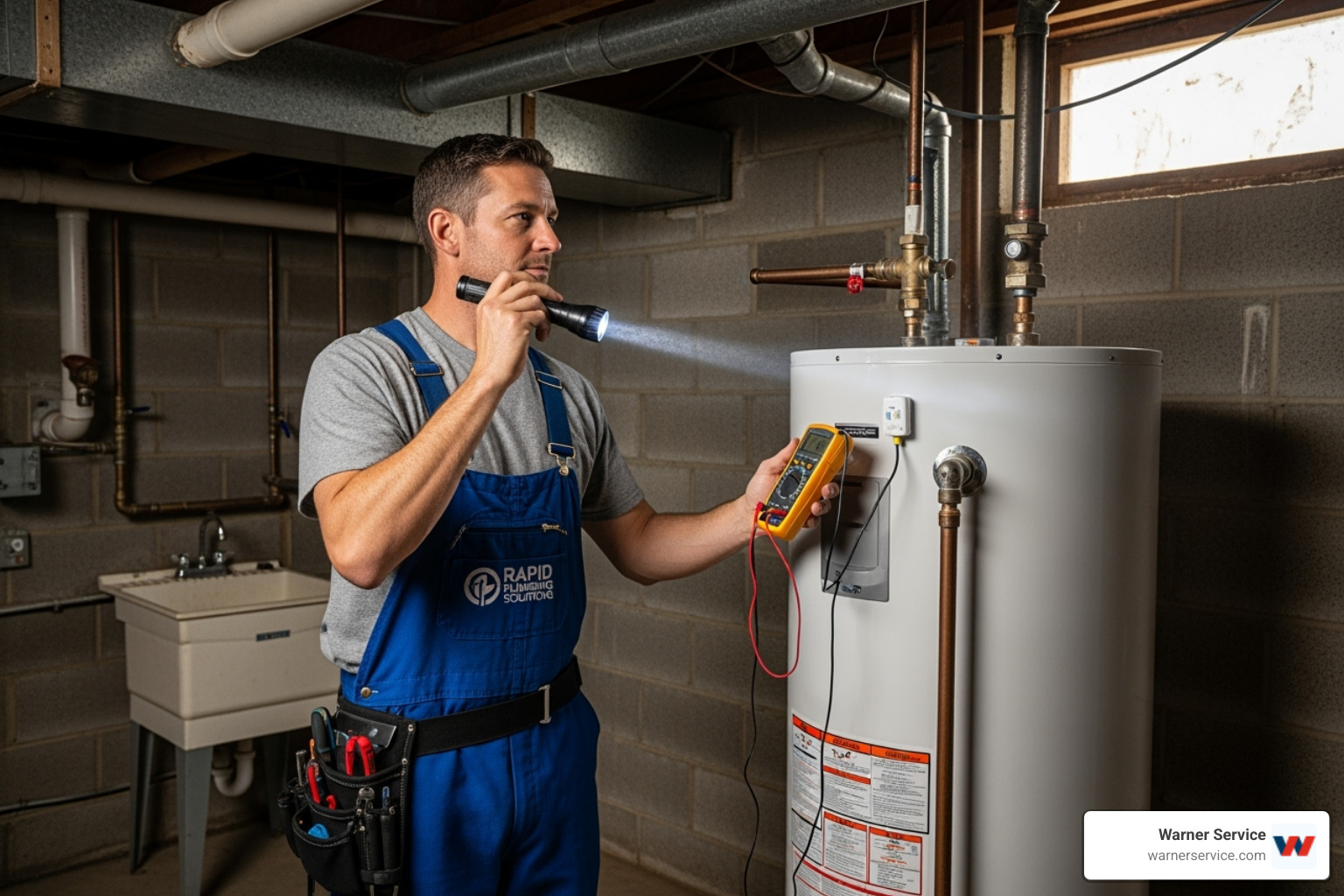 professional technician inspecting a residential water heater - plumbing maintenance service in walkersville md