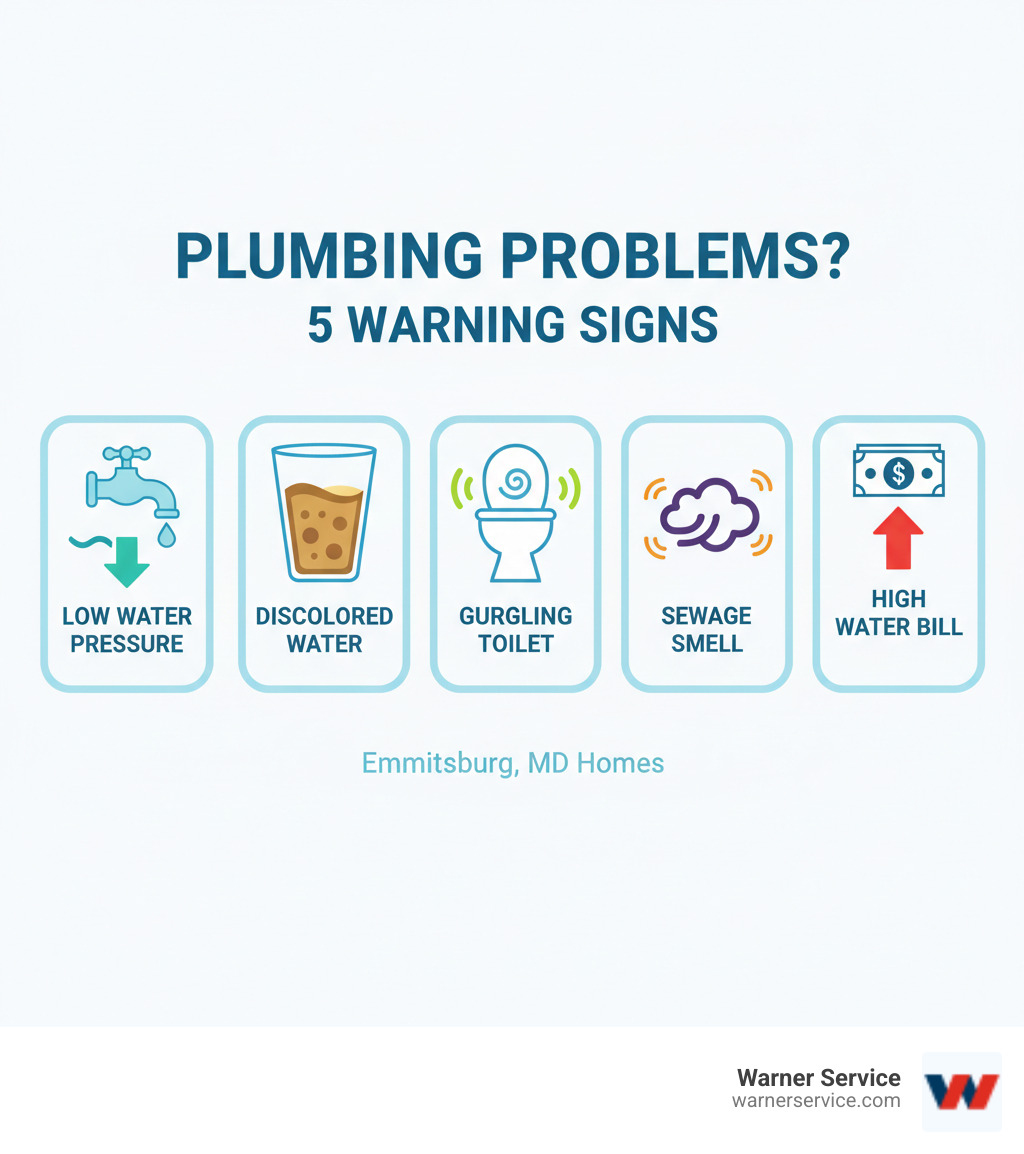 infographic showing five warning signs of broken plumbing: low water pressure with a faucet icon, discolored water in a glass, gurgling toilet, sewage smell indicated by wavy lines, and a water bill with an upward arrow - plumbing broken in emmitsburg md infographic 
