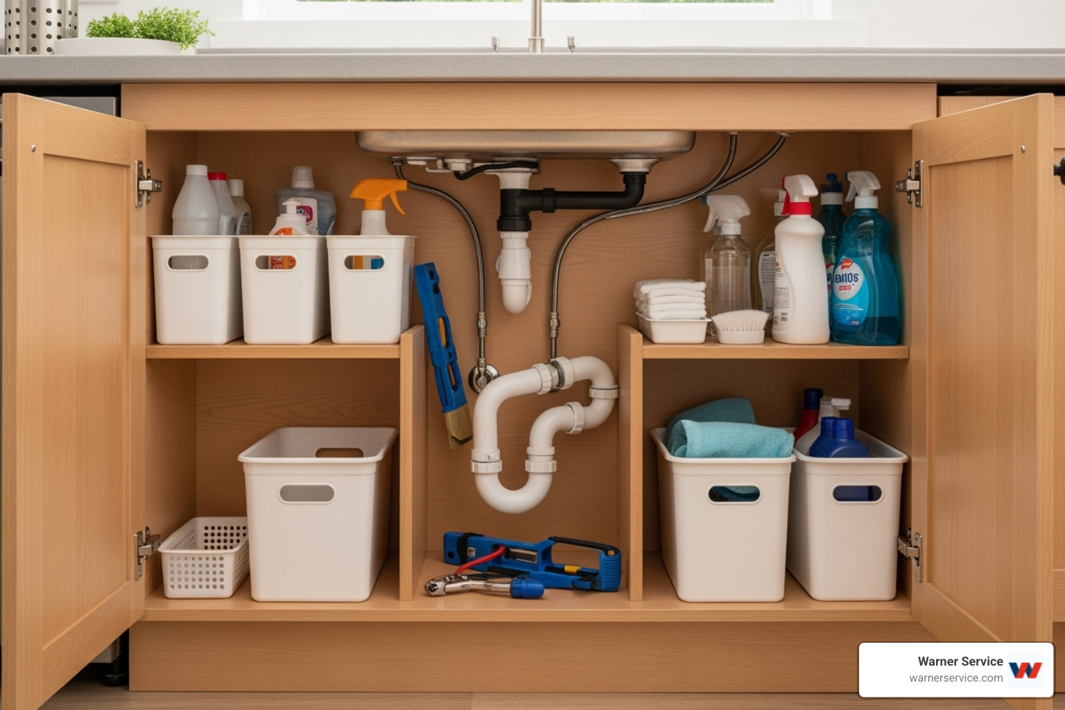 a clean and accessible under-sink area ready for a plumber - licensed plumbing contractor in green valley md