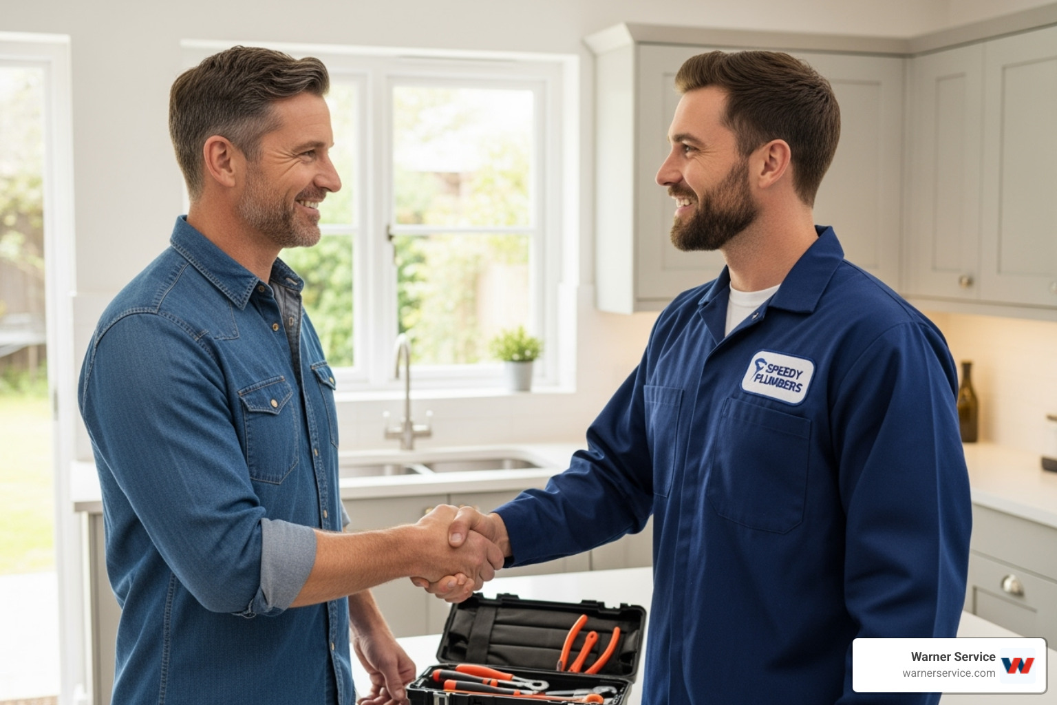 a homeowner smiling and shaking hands with a plumber - licensed plumbing contractor in green valley md
