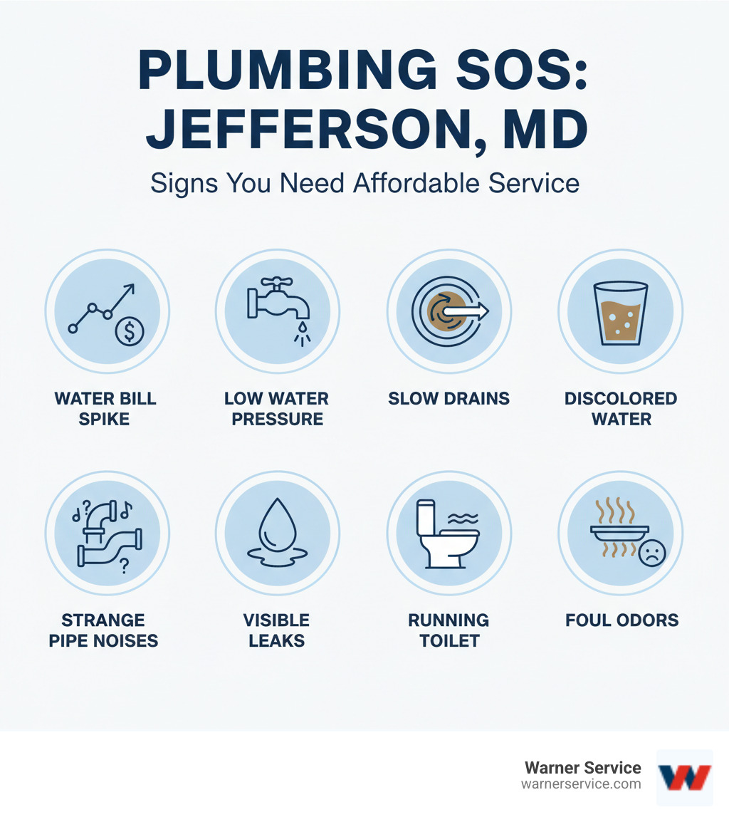 Infographic showing common signs you need affordable plumbing service in Jefferson MD including water bill increases, low water pressure, slow drains, discolored water, strange noises from pipes, visible leaks, running toilets, and foul odors near drains - affordable plumbing service in jefferson md infographic 