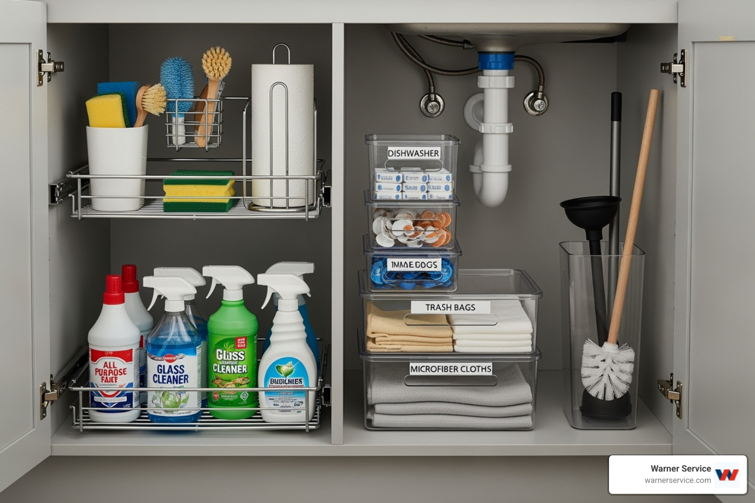 well-organized under-sink cabinet - affordable plumbing service in jefferson md