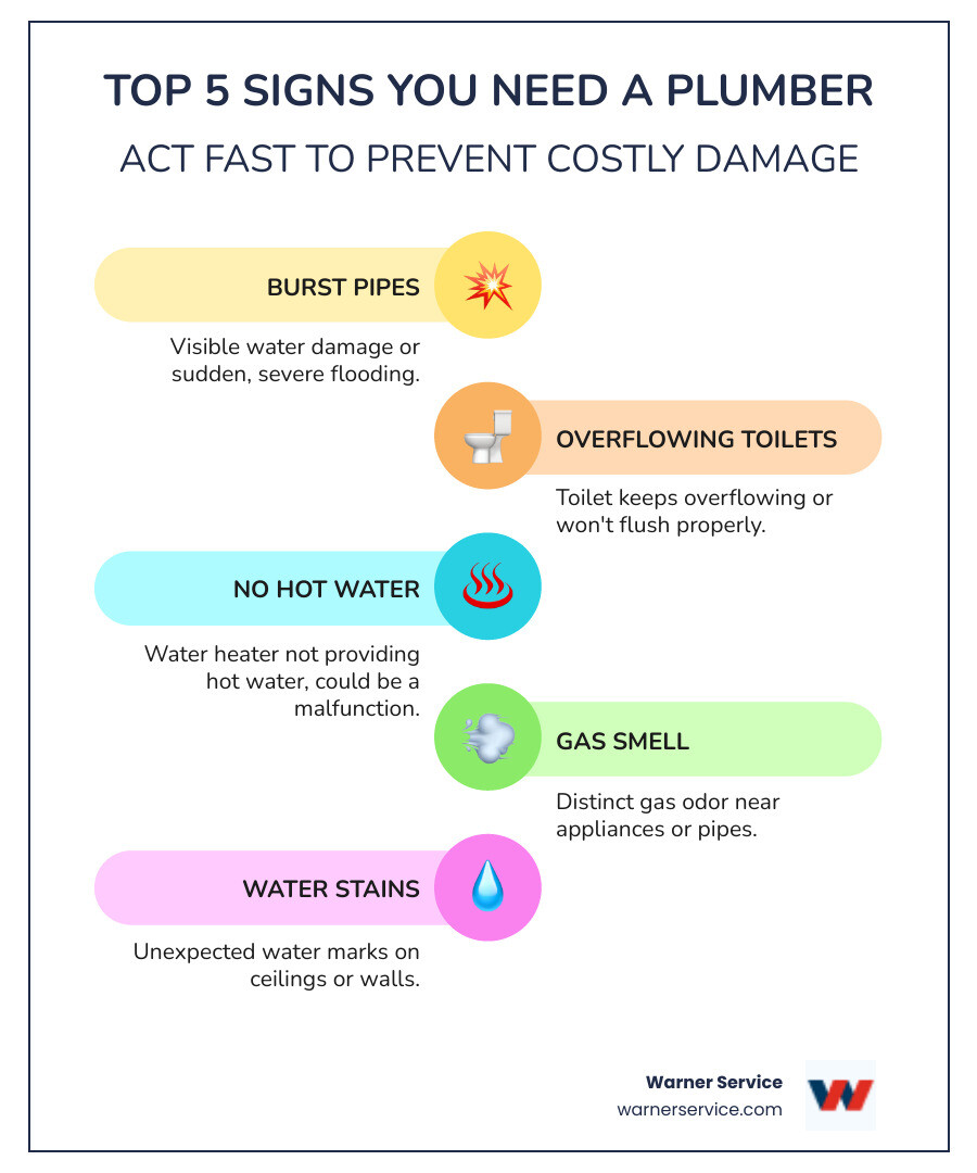 Infographic showing the top 5 signs you need to call a plumber immediately: burst pipes with visible water damage, overflowing toilets, no hot water from water heater, gas smell near appliances, and water stains on ceilings or walls - best plumbing company in buckeystown md infographic infographic-line-5-steps-colors