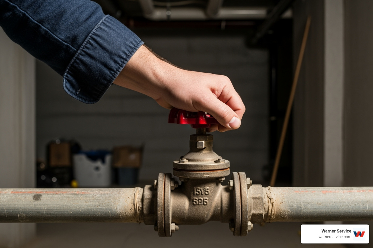 A hand reaching for a red main water shut-off valve, emphasizing emergency preparedness - best plumbing company in buckeystown md