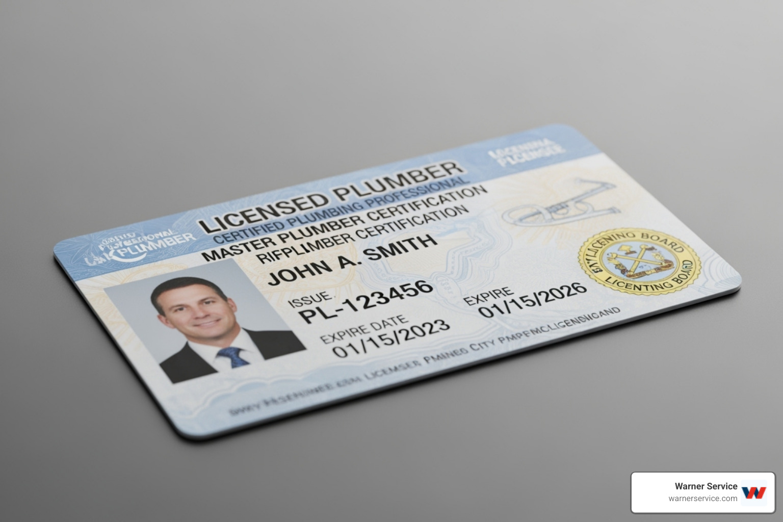 Close-up of a plumber's official license or certification card - certified plumbing technician in ijamsville md