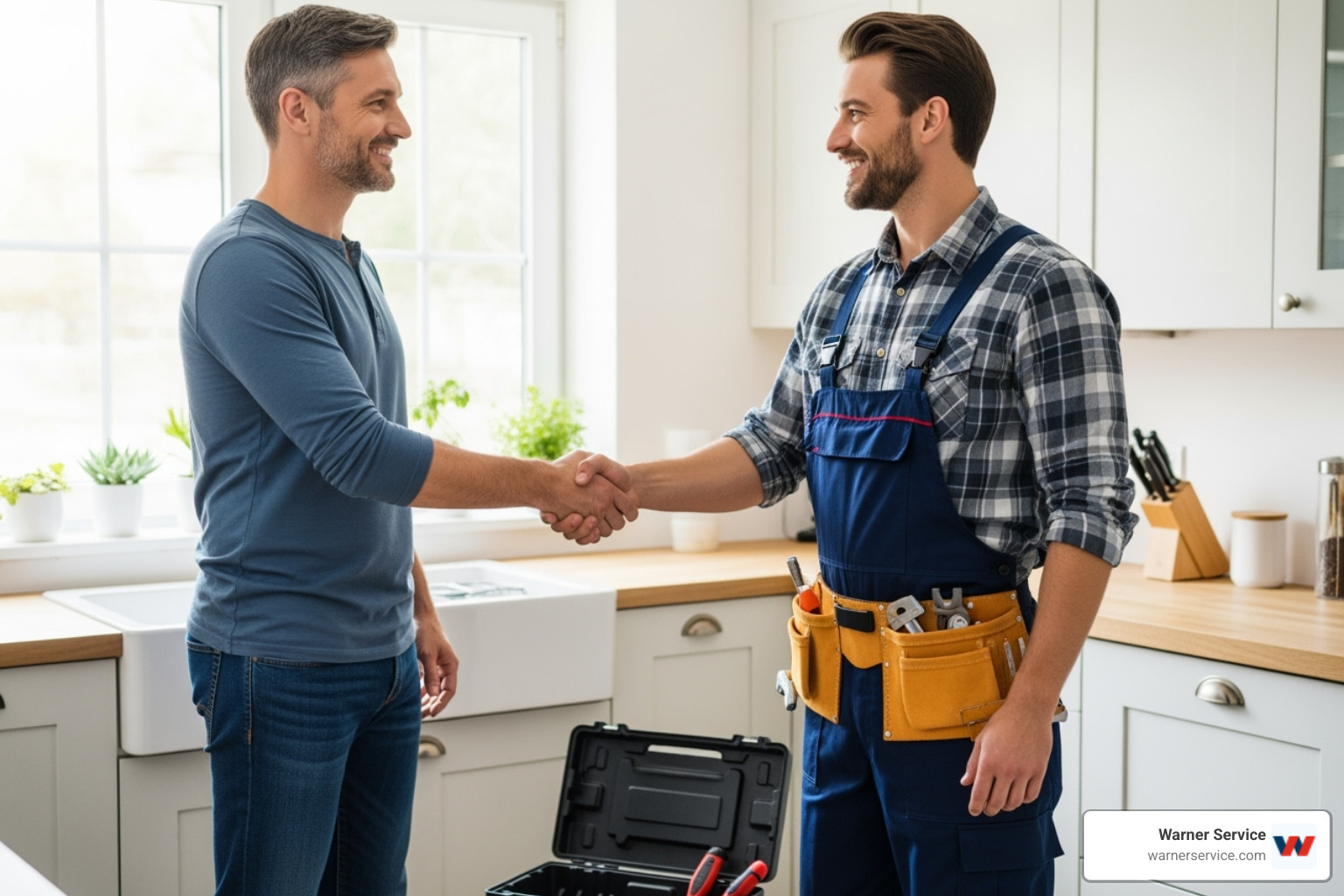 Homeowner confidently shaking hands with a plumber - certified plumbing technician in ijamsville md