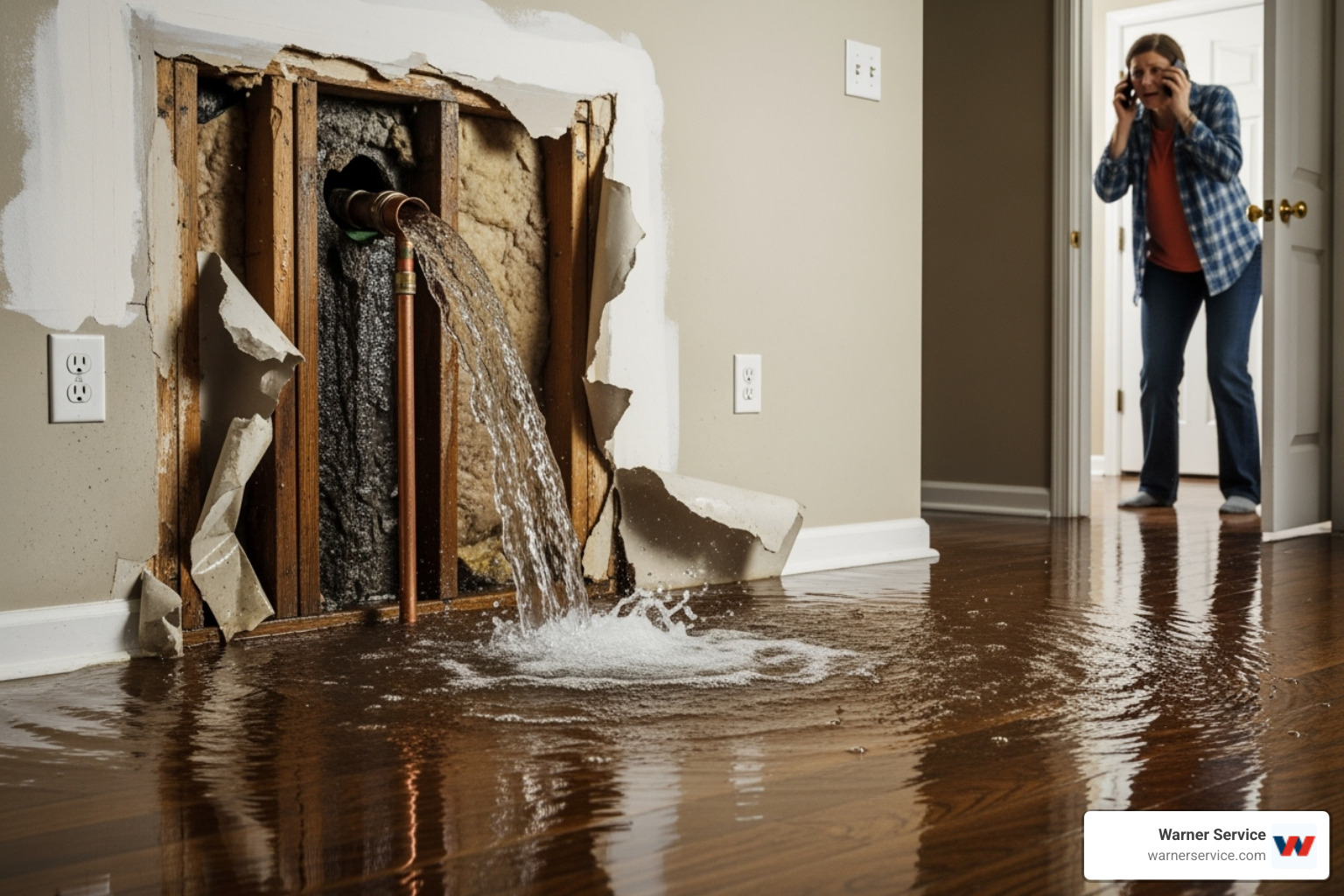 Catastrophic plumbing failure like a burst pipe causing water damage - certified plumbing technician in ijamsville md