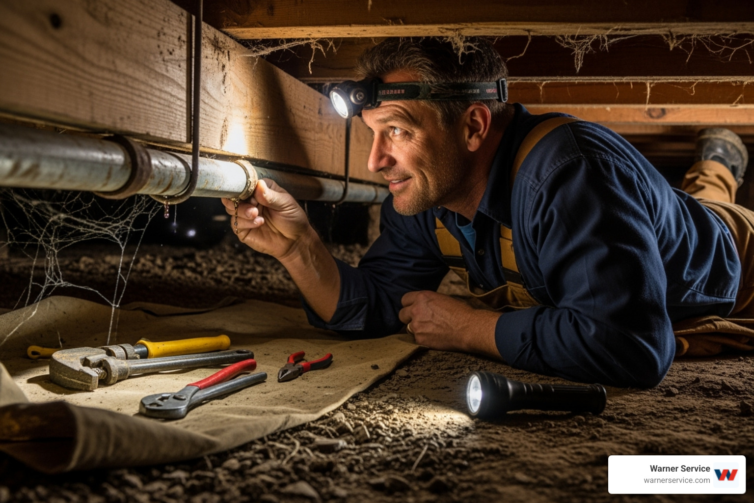 plumber inspecting pipes under a house - affordable plumbing service in brunswick md