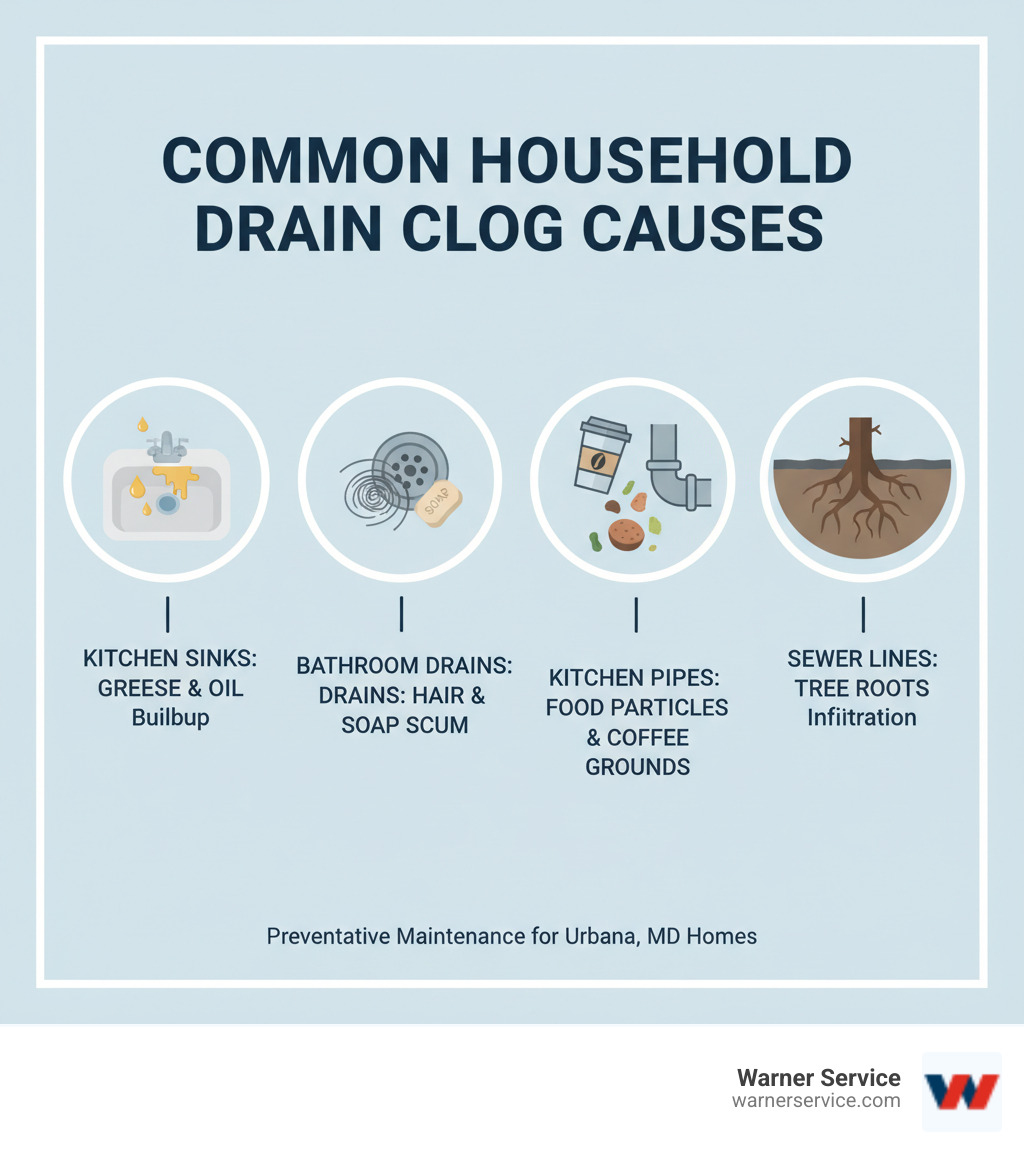 infographic showing common household drain clog causes including grease and oil from kitchen sinks forming sticky buildup, hair and soap scum combining in bathroom drains, food particles and coffee grounds accumulating in kitchen pipes, and tree roots infiltrating older sewer lines - affordable drain cleaning service in urbana md infographic 