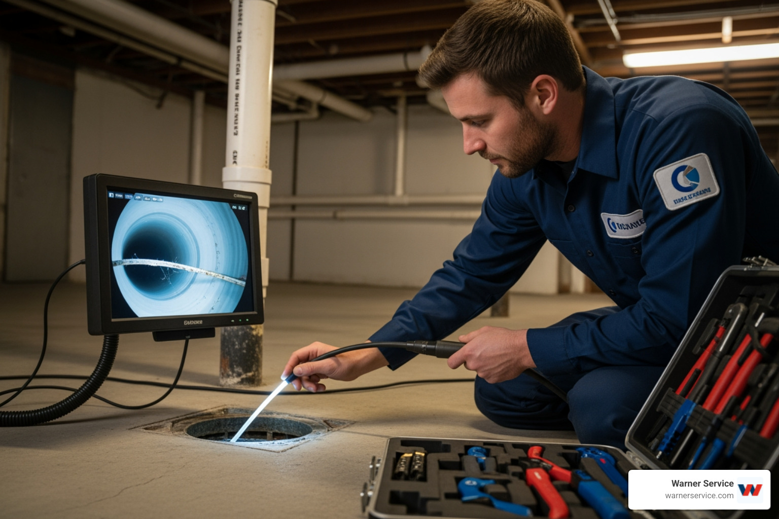 A uniformed technician using a drain camera for inspection, with a screen showing the inside of a pipe - drain cleaning installation in braddock heights md
