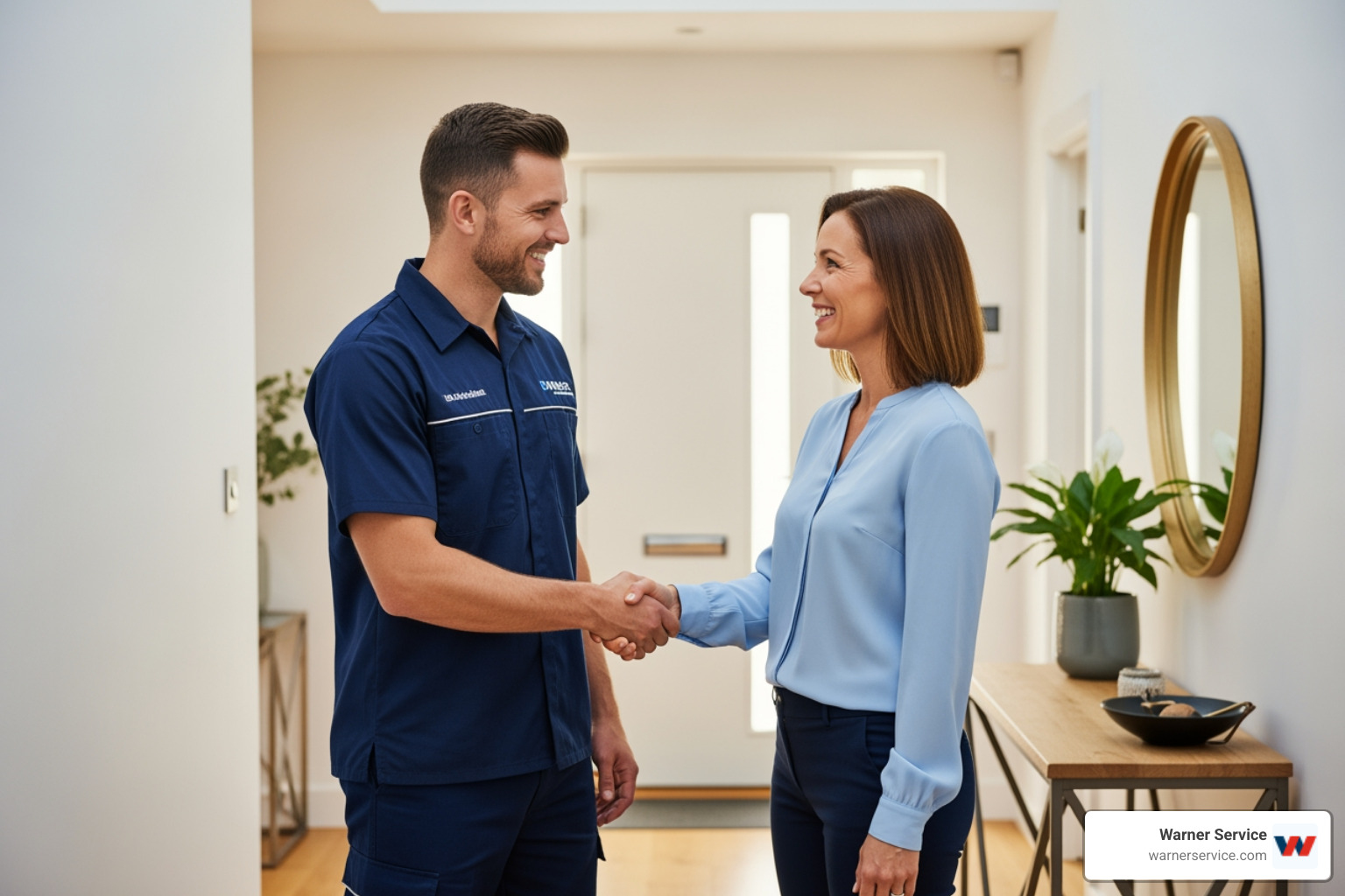 A homeowner shaking hands with a friendly, professional plumber, both smiling, implying a positive service interaction - drain cleaning installation in braddock heights md
