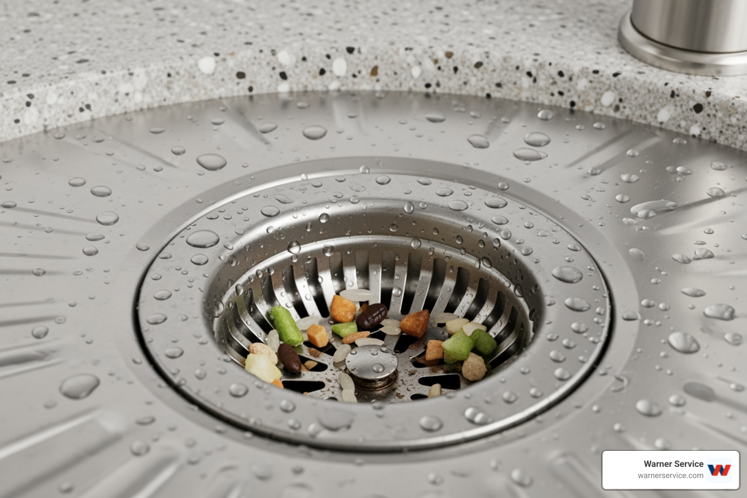 A drain strainer in a sink catching food particles, preventing them from going down the drain - drain cleaning installation in braddock heights md
