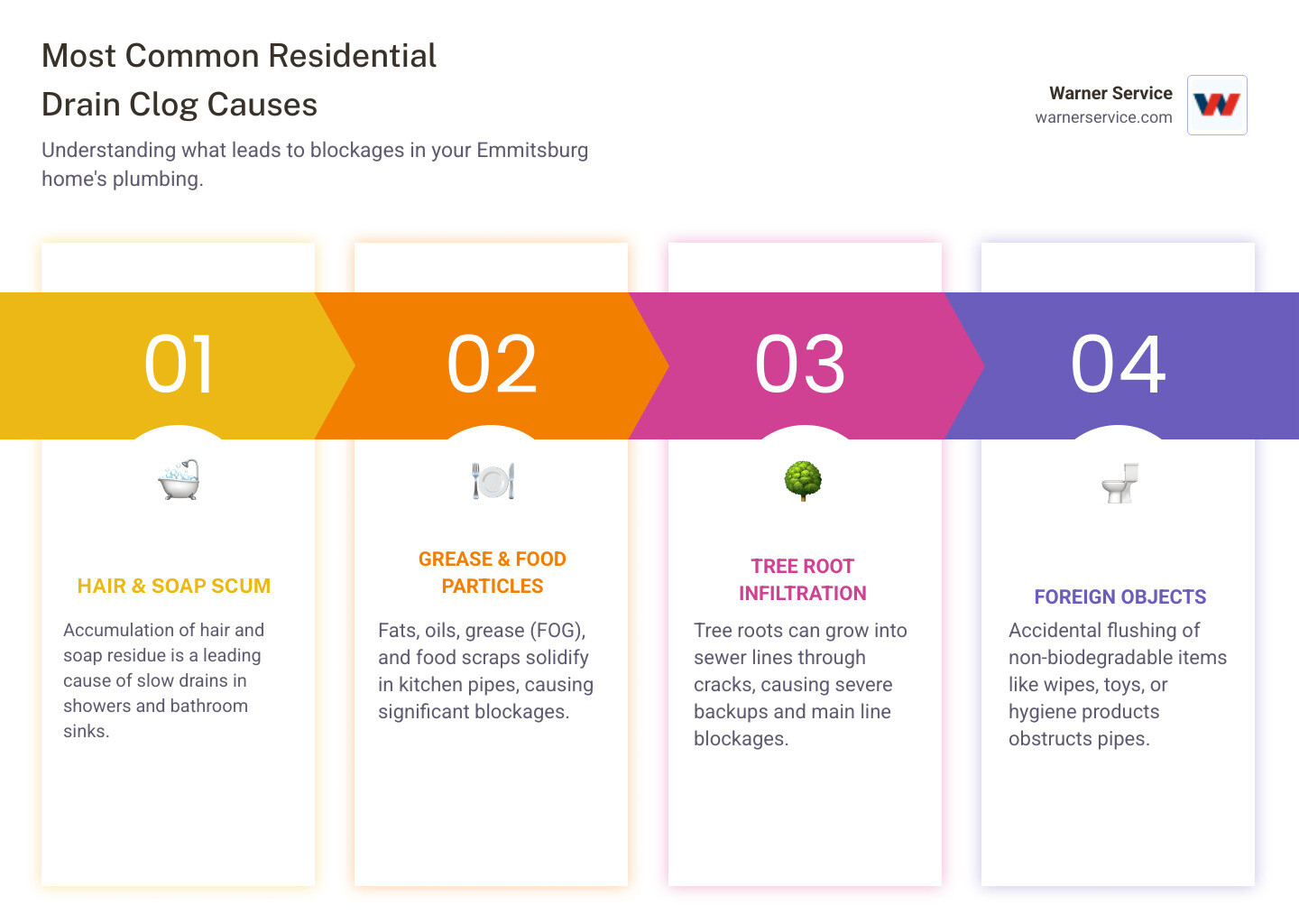 Infographic showing the most common causes of residential drain clogs including hair buildup in bathroom drains, grease and food particles in kitchen sinks, soap scum accumulation, tree root infiltration in sewer lines, and foreign objects accidentally flushed down toilets, with percentage breakdown of each cause - affordable drain cleaning service in emmitsburg md infographic pillar-4-steps