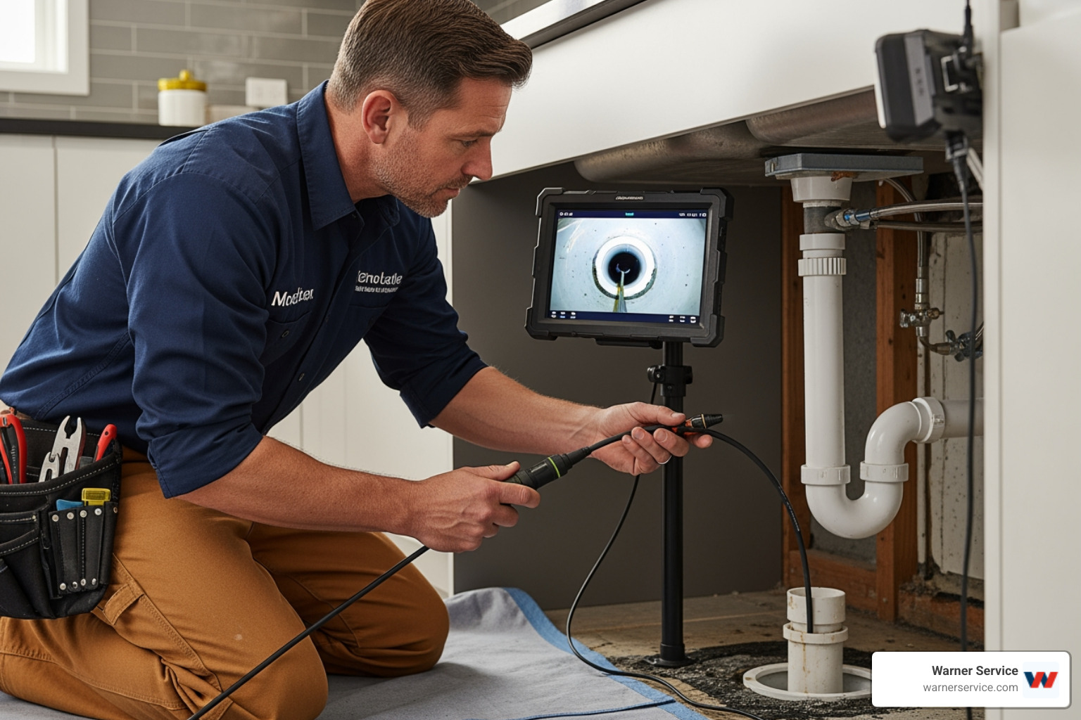 professional plumber using video camera inspection - drain cleaning installation in monrovia md