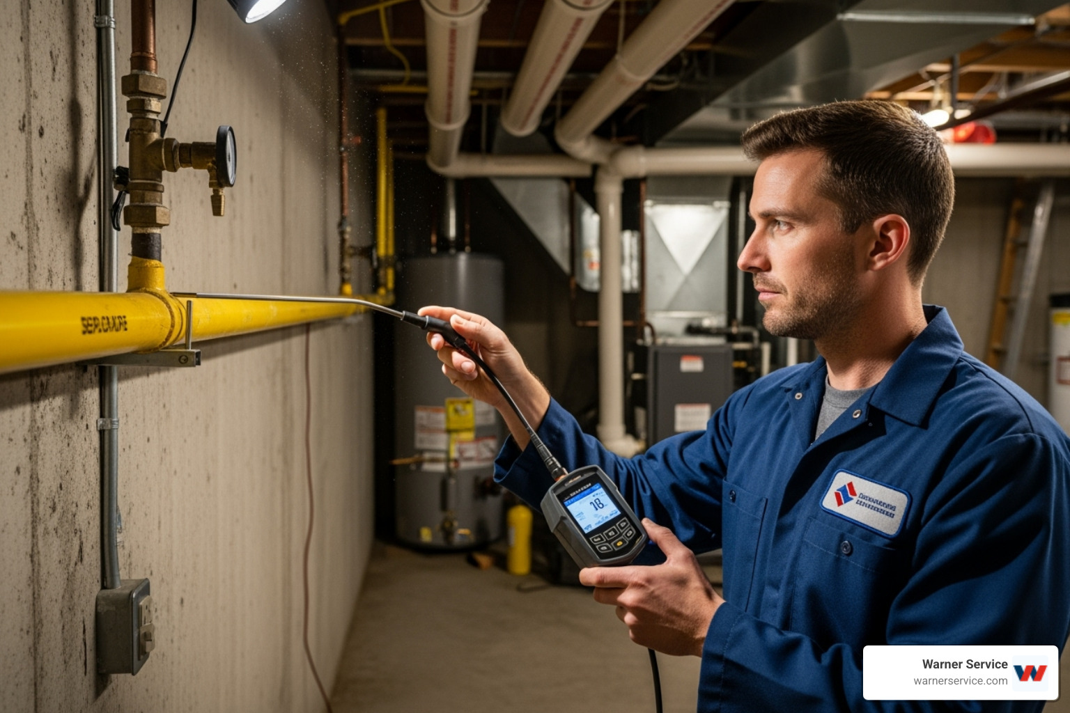 Technician using an electronic leak detector - gas line repair frederick md