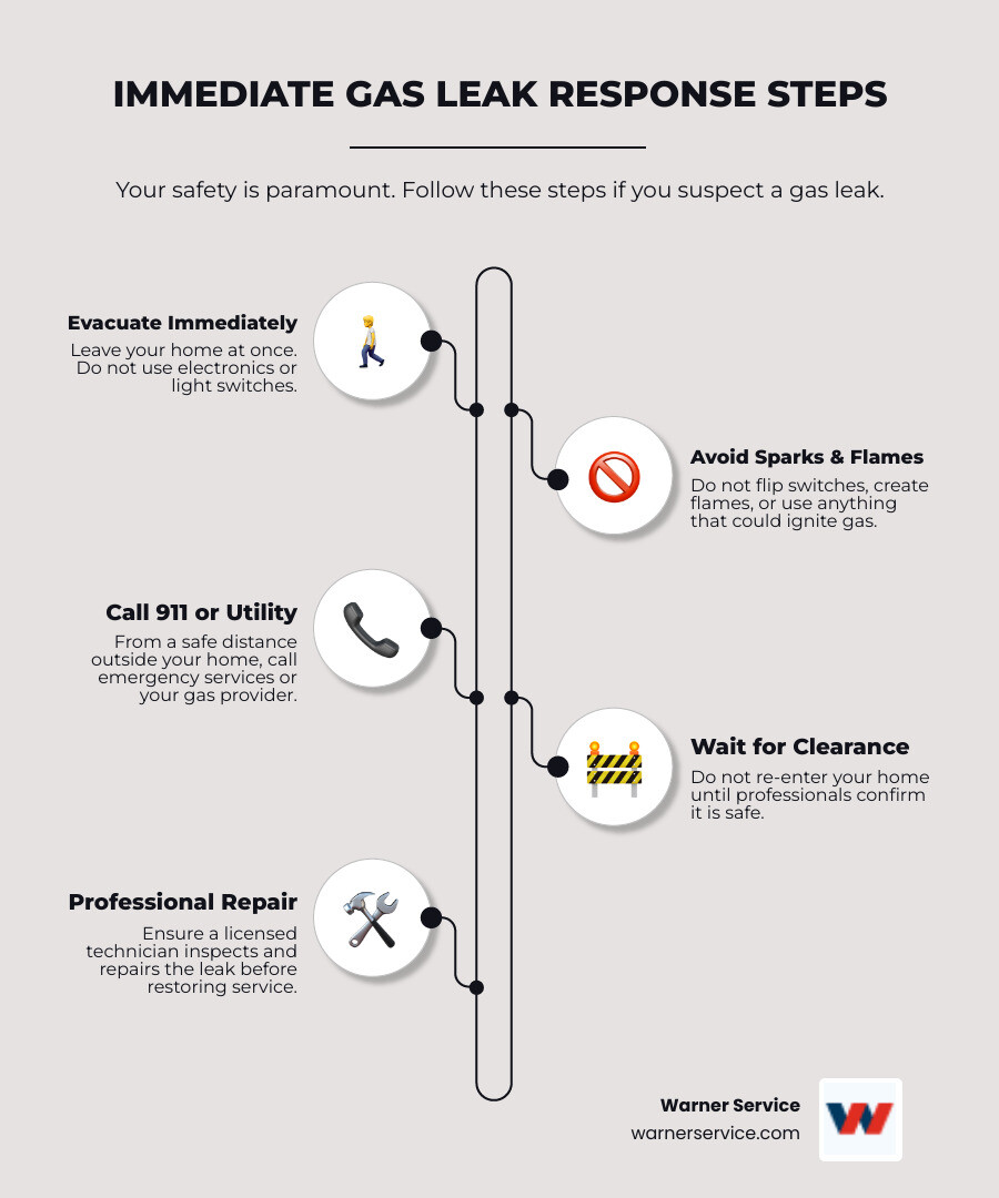 Infographic showing immediate gas leak response steps: 1. Leave home immediately without using electronics, 2. Do not flip switches or create sparks, 3. Call 911 and gas utility from safe distance outside, 4. Wait for professional clearance before returning, 5. Have licensed technician inspect and repair - gas line repair frederick md infographic infographic-line-5-steps-elegant_beige
