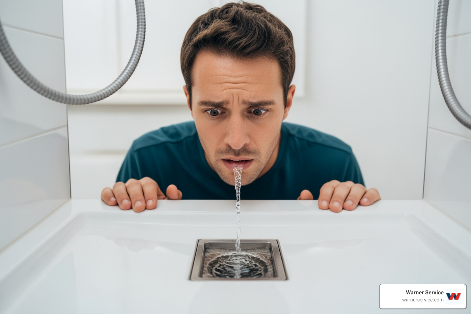 A concerned homeowner looking at a shower drain with standing water, indicating a clog - drain cleaning upgrade in brunswick md