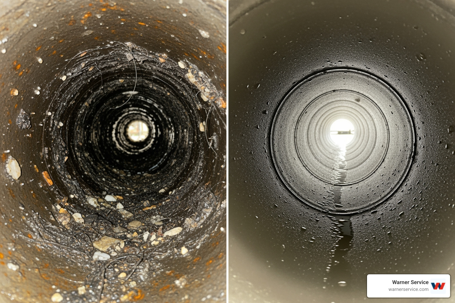 A split-screen image showing the interior of a severely clogged pipe on one side, filled with debris and grime, and on the other side, the same pipe interior after hydro-jetting, appearing clean and clear. - drain cleaning upgrade in brunswick md