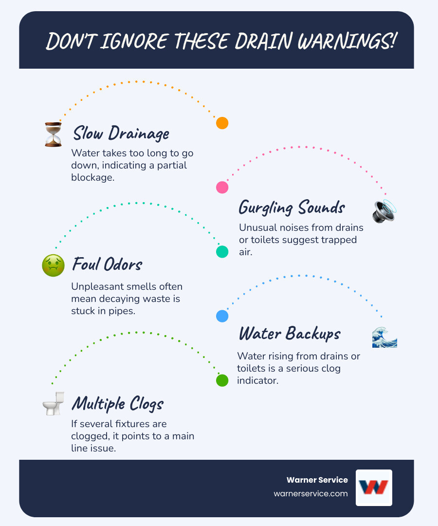 infographic showing common signs of drain problems in homes including slow drainage, gurgling sounds, foul odors, water backups, and multiple clogged fixtures, with arrows indicating when to call a professional - drain cleaning company near me in ijamsville md infographic infographic-line-5-steps-blues-accent_colors
