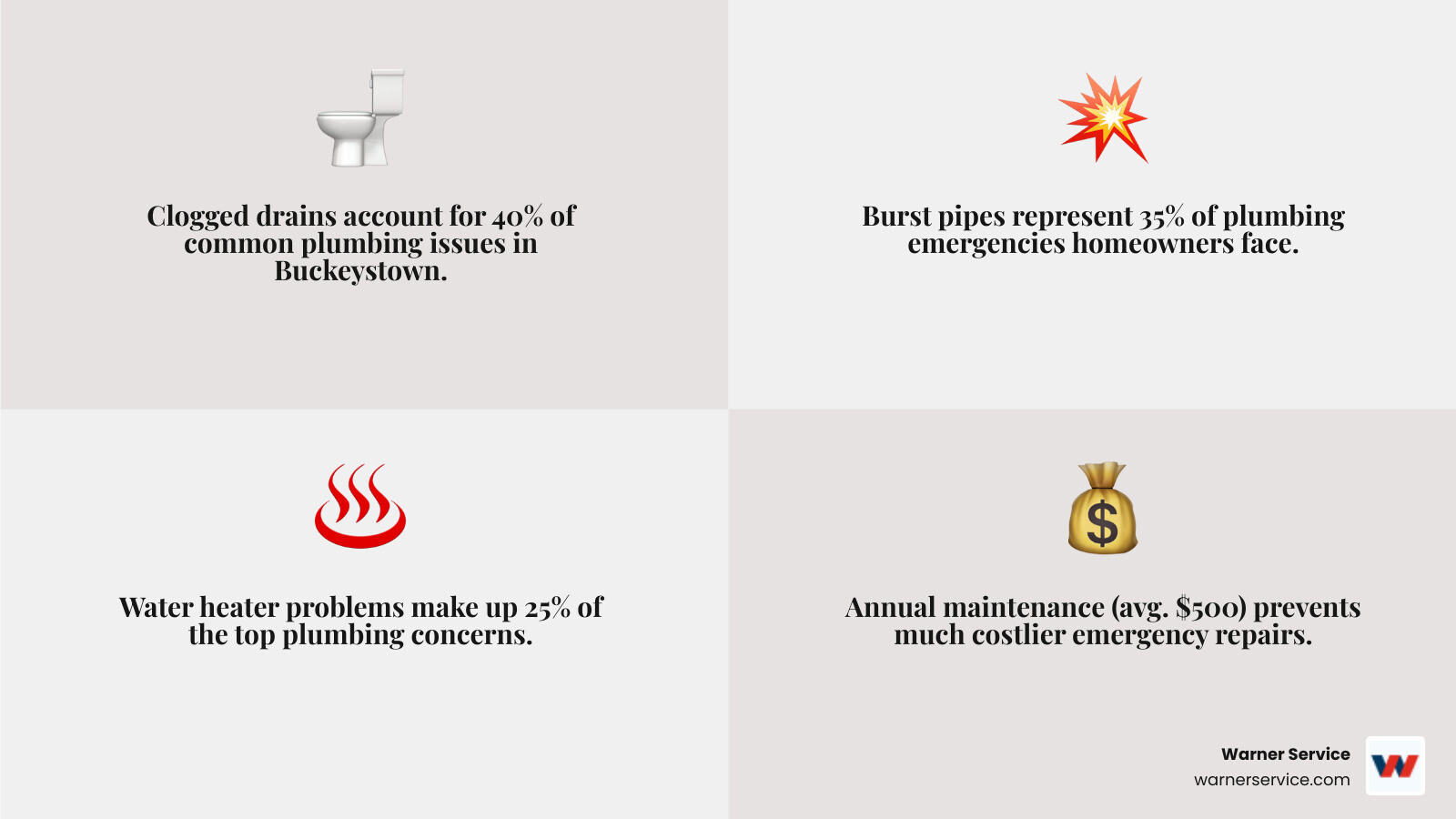 Infographic showing the top 3 plumbing issues in Buckeystown homes: clogged drains at 40%, burst pipes at 35%, and water heater problems at 25%, with icons representing each issue and prevention tips - affordable plumbing repair in buckeystown md infographic 4_facts_emoji_grey