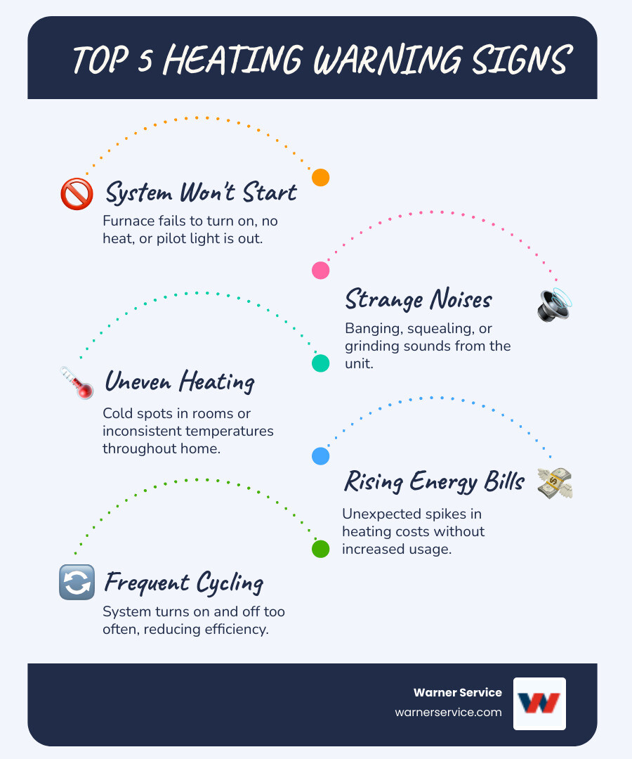 Infographic showing the 5 most common warning signs your heating system needs immediate repair in Middletown MD: furnace won't turn on, strange banging or squealing noises, uneven heating with cold spots in rooms, unusually high energy bills, and frequent on-off cycling - heating repair in middletown md infographic infographic-line-5-steps-blues-accent_colors