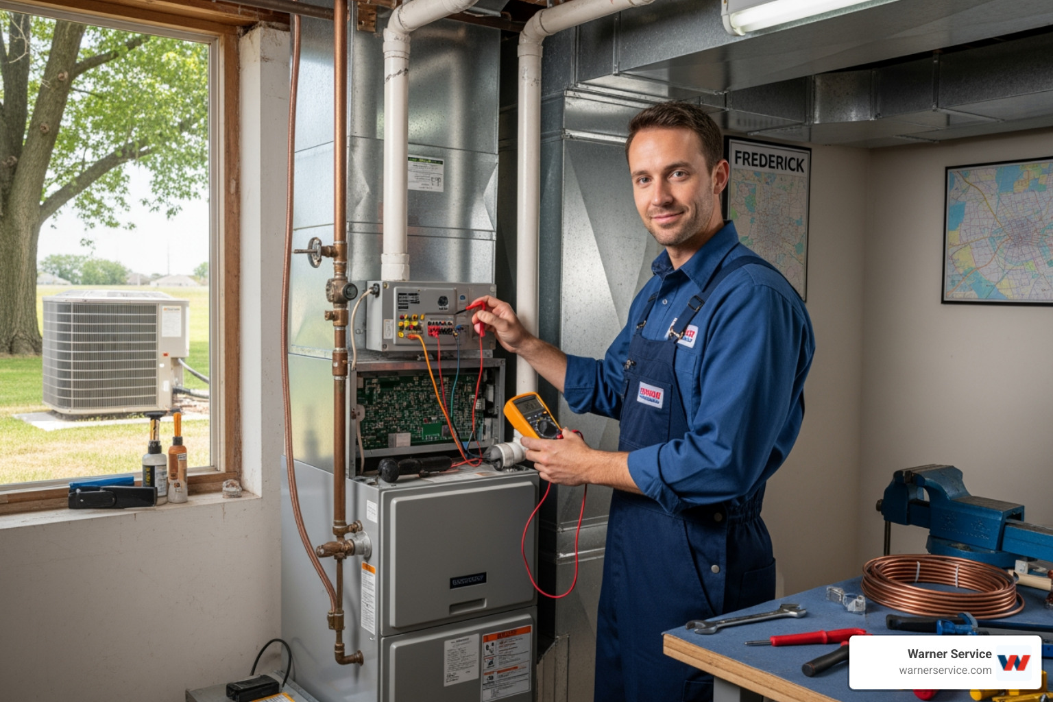 Infographic showing the key certifications and qualifications of a dual-specialist HVAC technician: NATE certification badges for Core, Gas Furnace, and Air Conditioning; Maryland State HVAC License; EPA Universal Refrigerant Certification; manufacturer factory training logos; years of experience icon; and 24/7 emergency service badge - "I need a technician who specializes in both gas furnaces and air conditioning in Frederick. Who are the local 'gas and air' experts?"