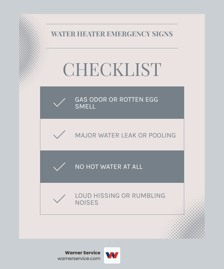Infographic showing the top 5 signs of a water heater emergency: 1) Major water leak or pooling around base, 2) No hot water despite power/gas on, 3) Gas odor or rotten egg smell, 4) Loud hissing or rumbling noises, 5) Rusty or discolored hot water - emergency water heater service infographic checklist-light-blue-grey