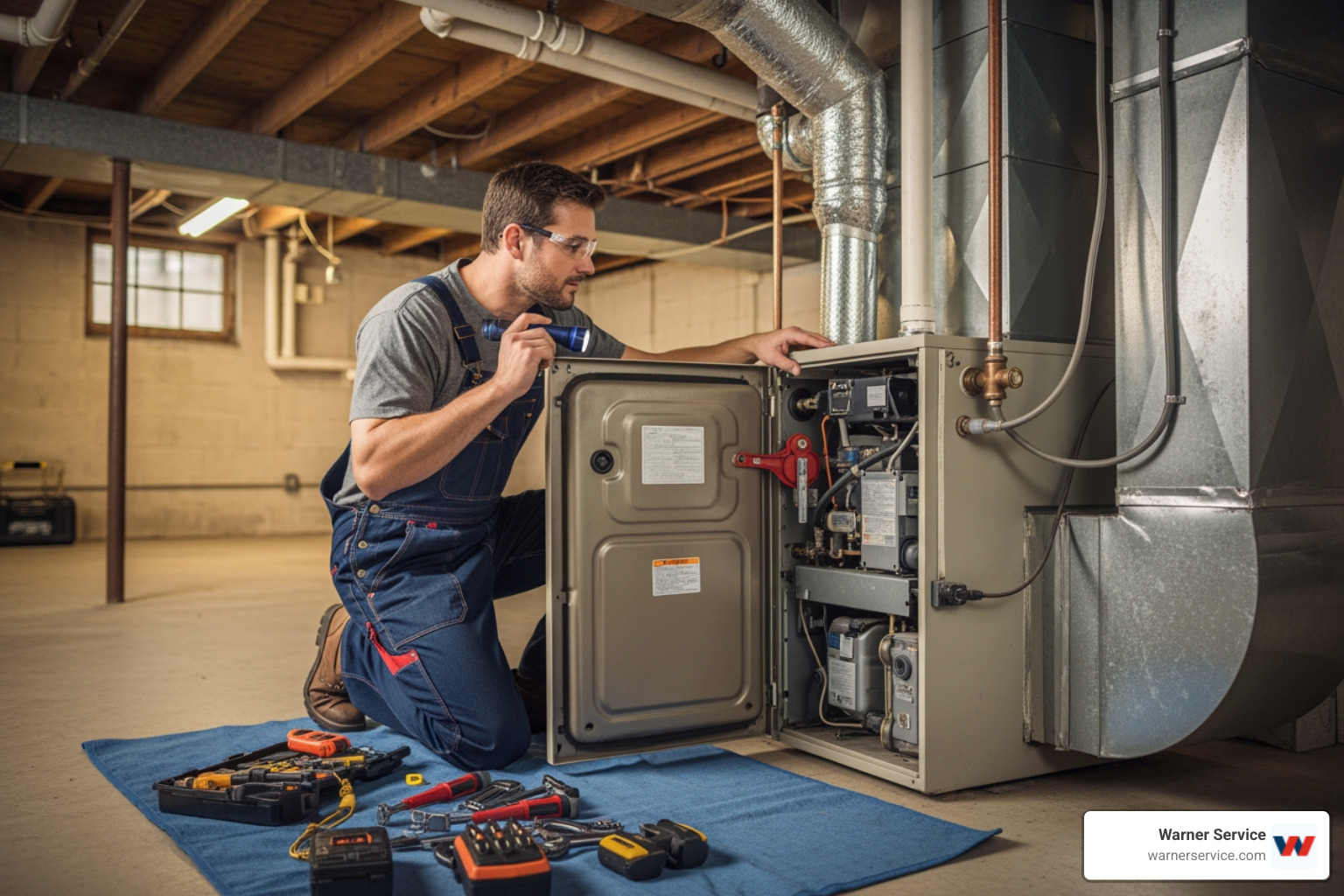 infographic showing seven warning signs that indicate your heating system needs professional service including strange noises, unusual odors, insufficient heat output, unexplained energy bill increases, frequent on-off cycling, poor indoor air quality, and system age over 15 years - heating service in new market md