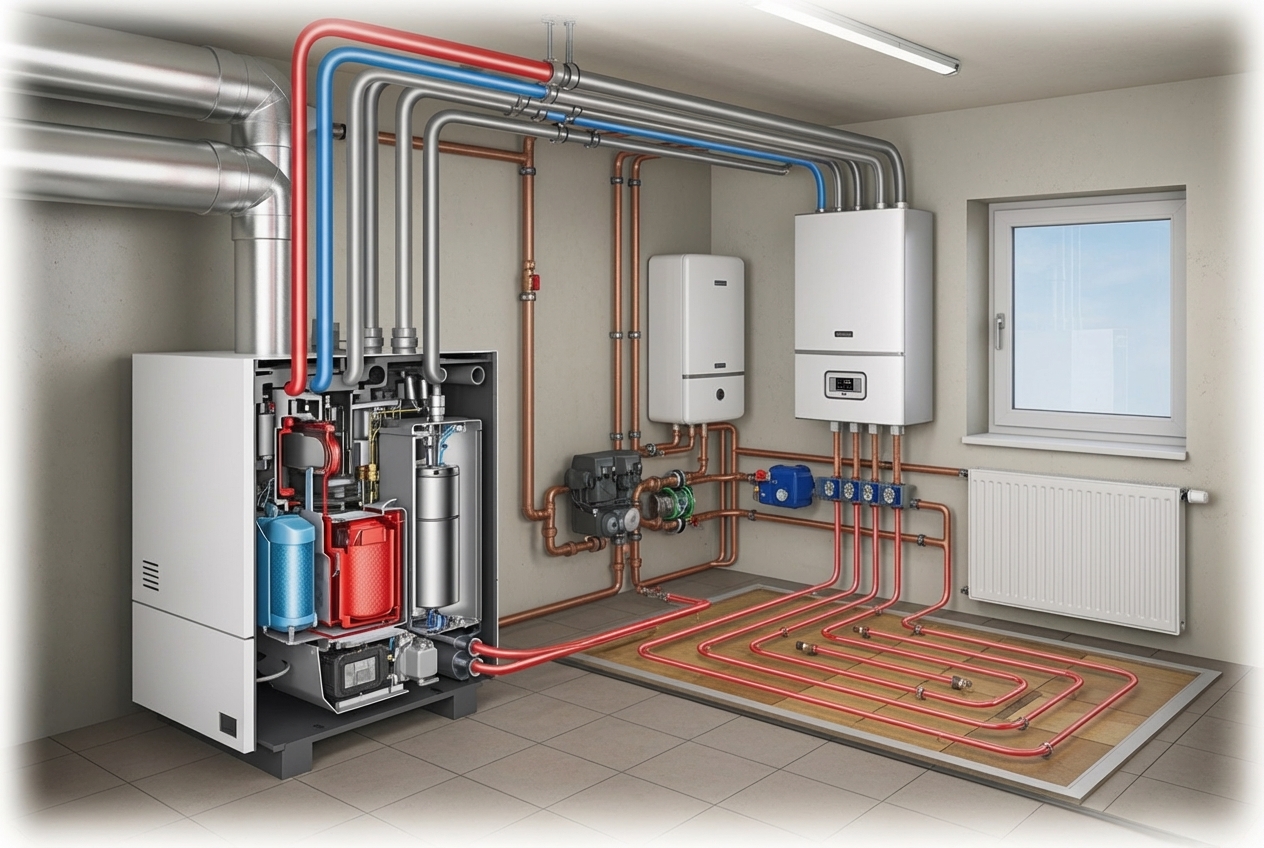 Infographic showing how a boiler system works: cold water enters the boiler, fuel heats the water to 140-180°F, hot water or steam travels through pipes to radiators or radiant floor systems throughout the home, heat radiates into rooms, cooled water returns to the boiler to be reheated, and the cycle continues - home boiler installation in frederick, md