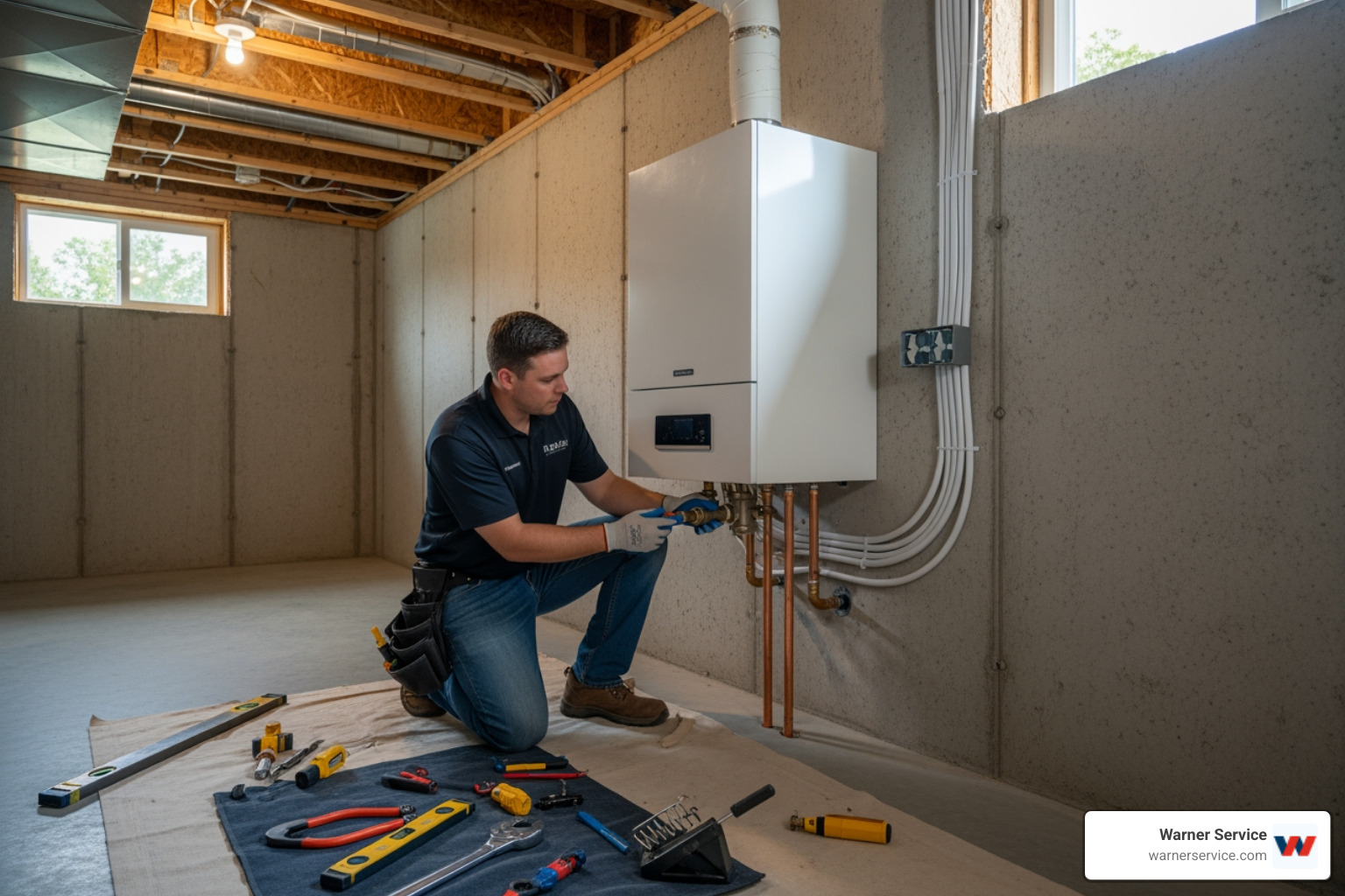 Infographic showing residential boiler benefits: 90%+ efficiency rating, 20-30 year lifespan, silent operation, no air circulation means better air quality, zoning flexibility for room-by-room control, and typical energy savings of 20-30% compared to older systems - residential boiler installation in new market, md