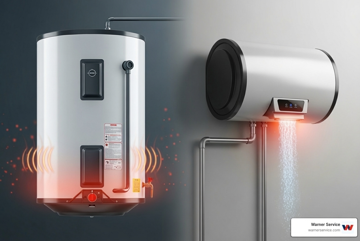 Infographic comparing traditional tank water heaters versus tankless water heaters showing how tank systems store and constantly reheat water leading to standby energy loss, while tankless systems heat water on-demand only when a tap is opened, resulting in energy savings and endless hot water supply - tankless water heater installation in middletown md