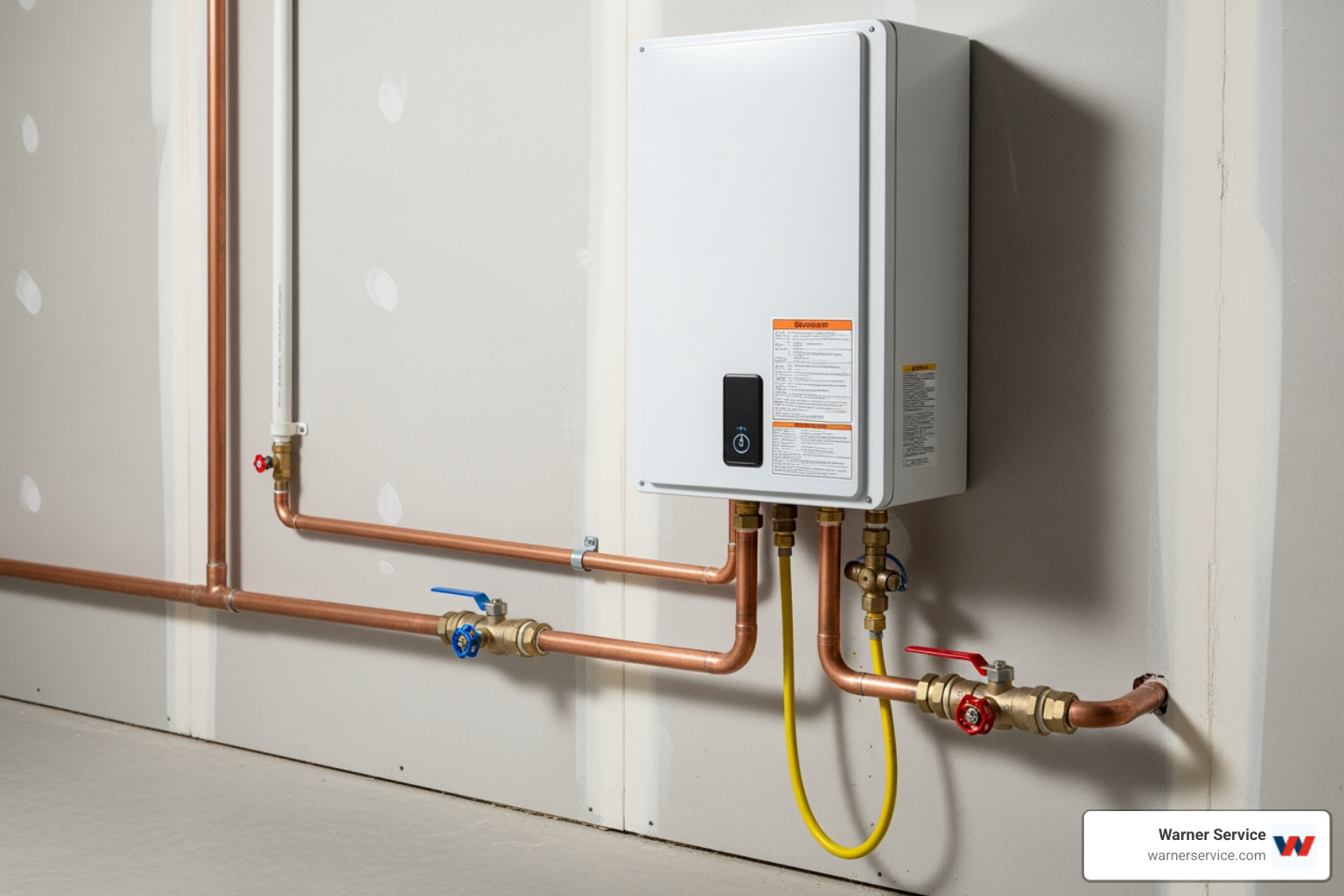 Infographic comparing traditional tank water heater with constant reheating and standby heat loss to tankless water heater with on-demand heating, showing 30% energy savings, continuous hot water supply, 20-year lifespan, and space-saving wall-mounted design - tankless water heater installation in new market md