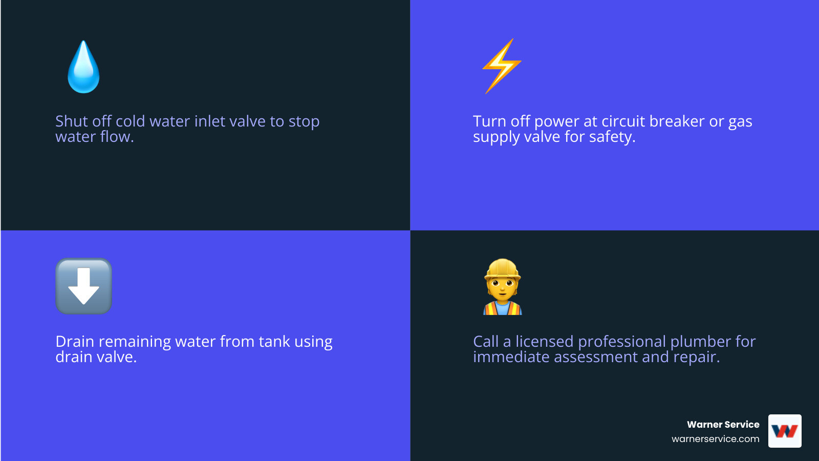 Infographic showing 4-step emergency response to water heater leak: Step 1 - Shut off cold water inlet valve to stop water flow, Step 2 - Turn off power at circuit breaker or gas supply valve for safety, Step 3 - Drain remaining water from tank using drain valve, Step 4 - Call licensed professional plumber for immediate assessment and repair - best water heater leaking in charles town, wv infographic 4_facts_emoji_blue
