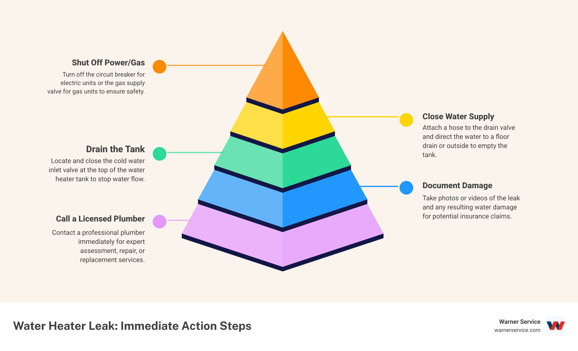 Infographic showing the step-by-step emergency response for a water heater leak: 1) Safety first - turn off power/gas, 2) Stop the water flow by closing the inlet valve, 3) Drain the tank using a hose, 4) Take photos of damage, 5) Call a licensed plumber for professional assessment and repair - local water heater leaking in charles town, wv infographic pyramid-hierarchy-5-steps
