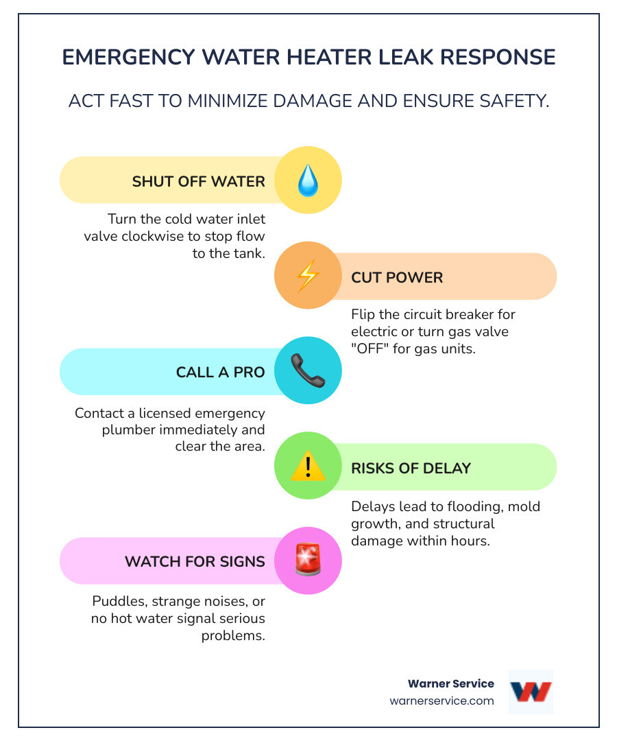 Infographic showing emergency water heater leak response: Step 1 - Locate and turn off cold water inlet valve on top of tank. Step 2 - For electric heaters flip breaker switch, for gas heaters turn valve to off position. Step 3 - Call licensed plumber immediately and clear area around leak. Additional warnings show puddles indicate active leak requiring immediate action, strange noises or no hot water signal serious problems, and delays can cause flooding mold growth and structural damage within hours. - emergency water heater leaking in gettysburg, pa infographic infographic-line-5-steps-colors