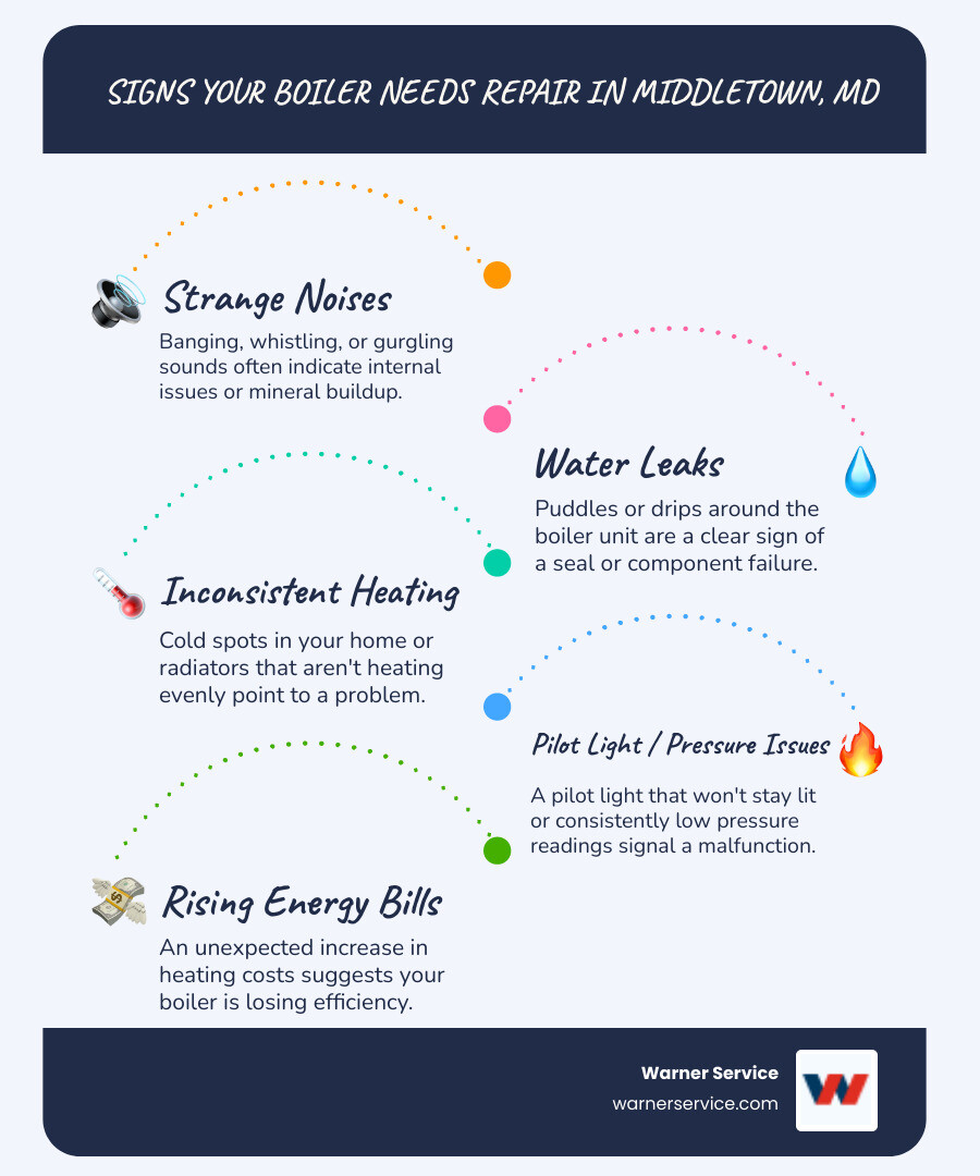Infographic showing the most common signs your boiler needs repair in Middletown MD: strange noises like banging or kettling, visible water leaks around the unit, inconsistent heating throughout the home, pilot light that won't stay lit, low boiler pressure reading, cold radiators, and unexplained spikes in your energy bills - boiler repair in middletown md infographic