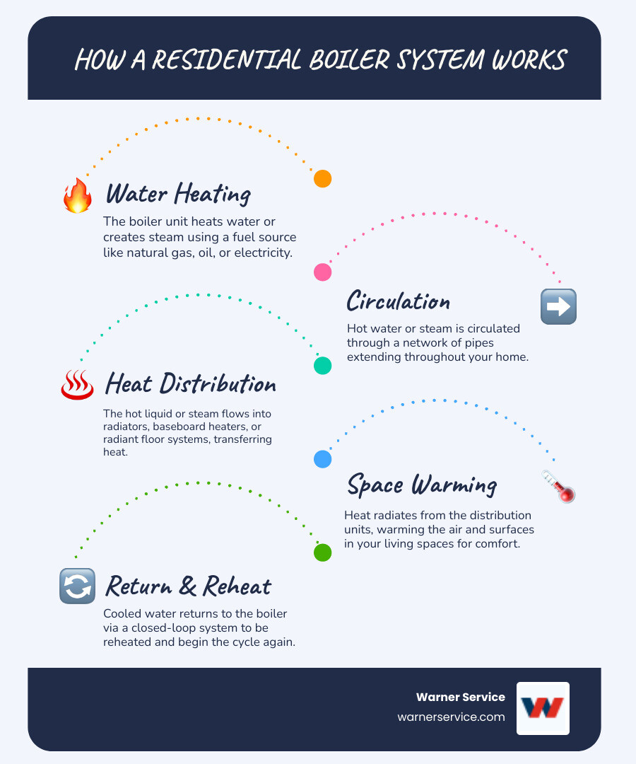 Infographic showing how a residential boiler system works, including the boiler unit heating water, pipes circulating hot water or steam to radiators and baseboard heaters throughout the home, heat distribution into living spaces, and cooled water returning to the boiler to be reheated in a closed loop system - boiler repair in new market md infographic infographic-line-5-steps-blues-accent_colors