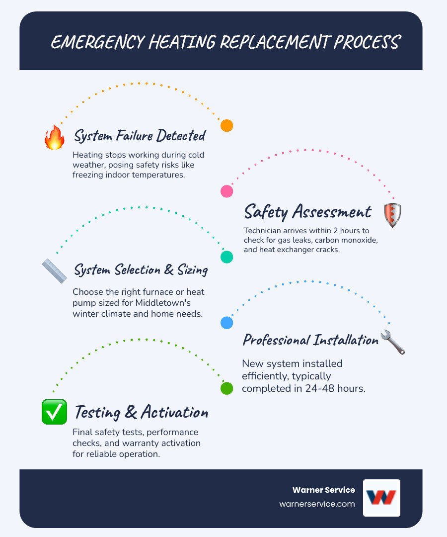 Infographic showing emergency heating replacement process: 1) System failure detected, 2) Safety assessment within 2 hours, 3) System selection and sizing, 4) Installation completed in 24-48 hours, 5) Testing and warranty activation - emergency heating replacement in middletown, md infographic infographic-line-5-steps-blues-accent_colors