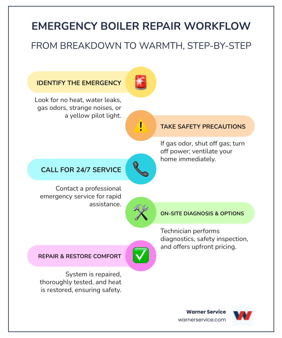 Infographic showing emergency boiler repair workflow: Step 1 - Identify the emergency (no heat, leaks, gas smell, strange noises); Step 2 - Take immediate safety steps (shut off gas if odor present, turn off power, ventilate); Step 3 - Call 24/7 emergency service; Step 4 - Technician arrives within 60 minutes; Step 5 - Diagnostic testing and safety inspection; Step 6 - Upfront pricing and repair options; Step 7 - Same-day repair for most issues; Step 8 - System testing and homeowner walkthrough - emergency boiler repair in middletown, md infographic infographic-line-5-steps-colors