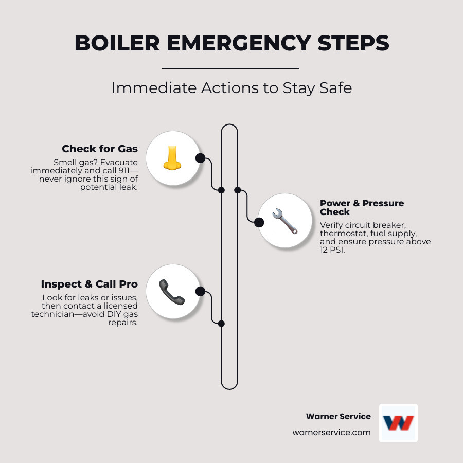 Infographic showing immediate emergency steps: 1. Check for gas smell and evacuate if present, 2. Turn off boiler at emergency switch, 3. Check thermostat and circuit breaker, 4. Inspect pressure gauge and look for leaks, 5. Call licensed emergency technician, 6. Never attempt DIY repairs on gas systems - emergency boiler maintenance in new market, md infographic infographic-line-3-steps-elegant_beige