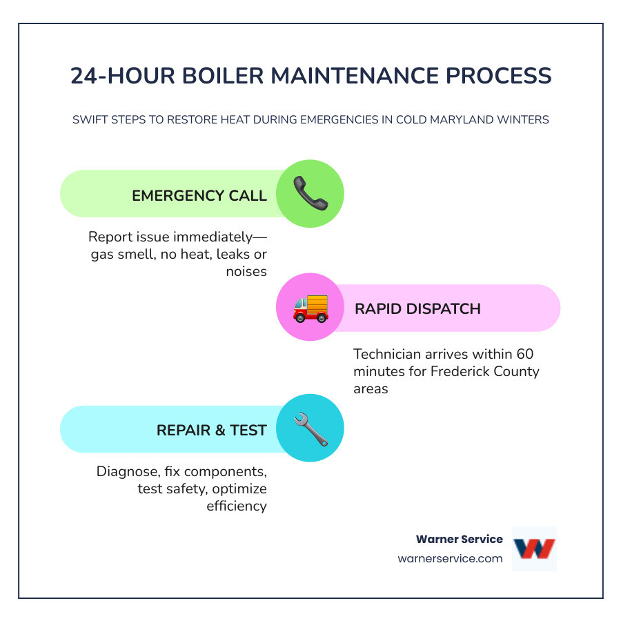 Infographic showing 24-hour boiler maintenance process including emergency call, rapid dispatch, diagnostic inspection, component repair or replacement, safety testing, and system optimization with average response times and service steps - 24 hour boiler maintenance in middletown, md infographic infographic-line-3-steps-colors