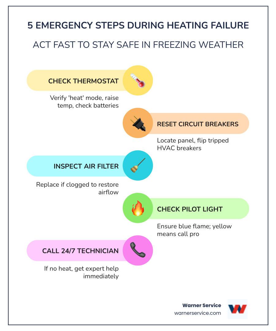Infographic showing 5 emergency steps during a home heating failure: Step 1 - Check thermostat settings and batteries; Step 2 - Reset tripped circuit breakers; Step 3 - Inspect and replace clogged air filter; Step 4 - Check pilot light color and status; Step 5 - Call a 24/7 HVAC technician if no heat is restored, with warning icons for gas smells and CO detector alerts requiring immediate evacuation - emergency heating repair in frederick, md infographic infographic-line-5-steps-colors