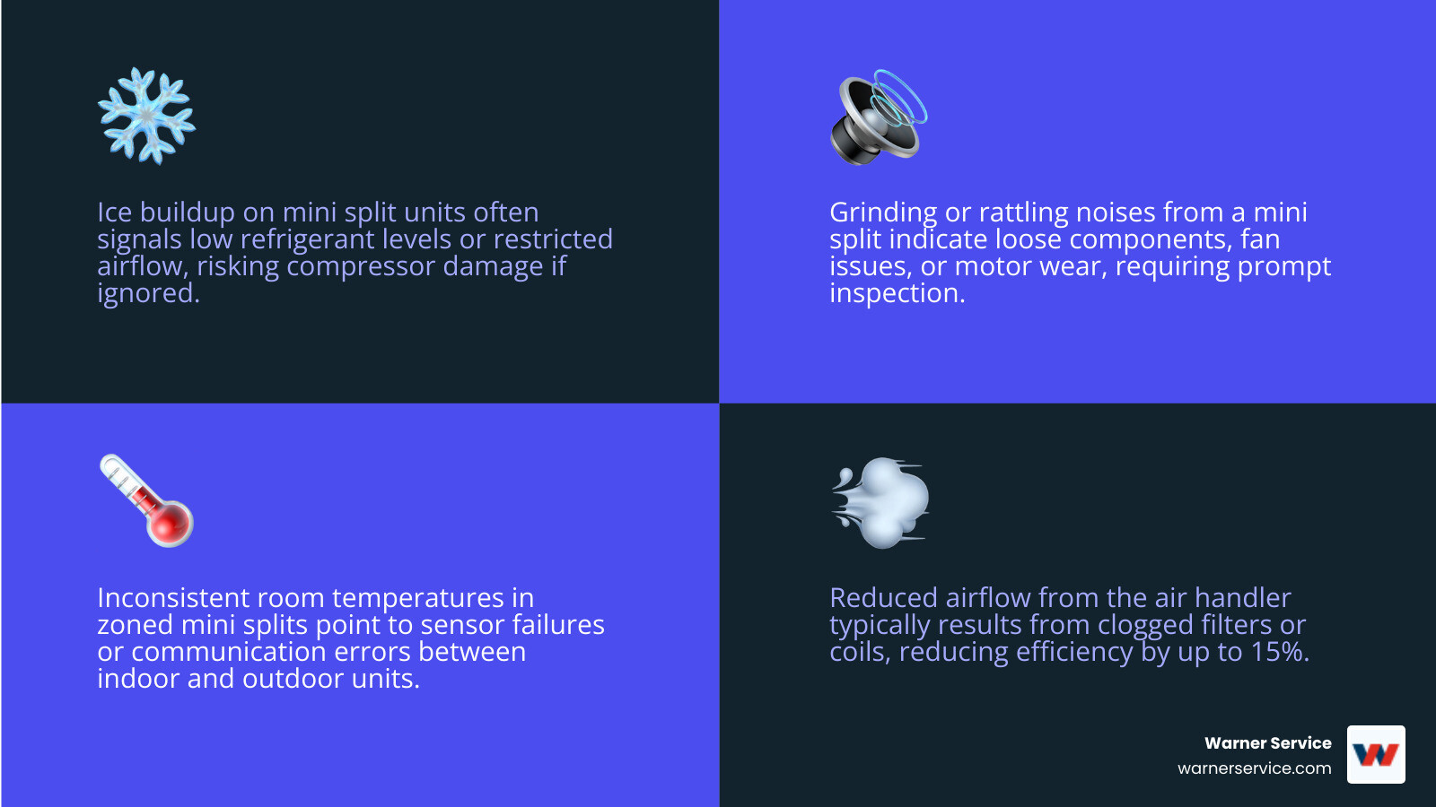 Infographic showing common mini split problems, repair signs, and maintenance tips for Germantown MD homeowners - mini split