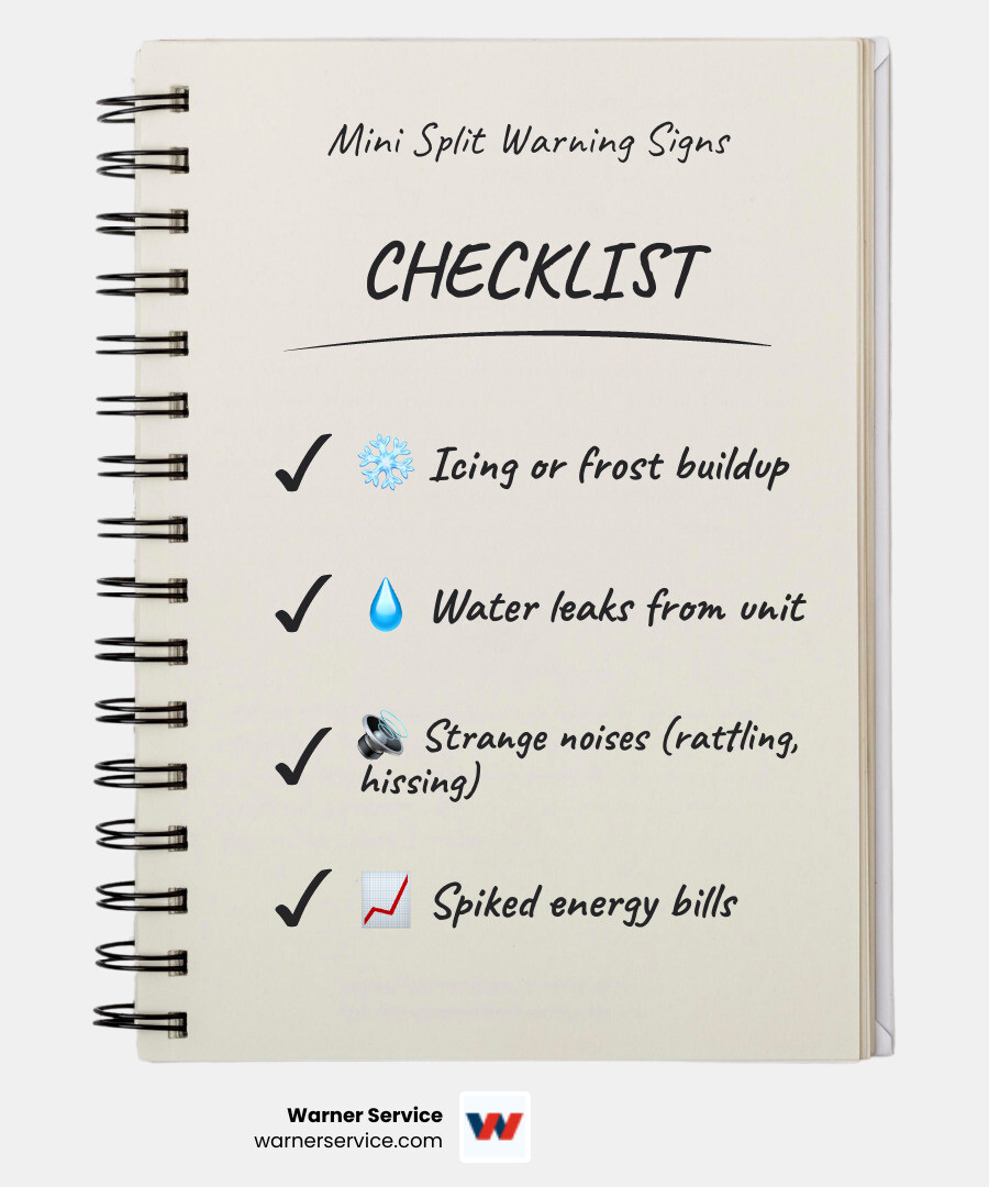 Infographic showing common mini split problem signs and their likely causes - mini split repair in mount airy, md